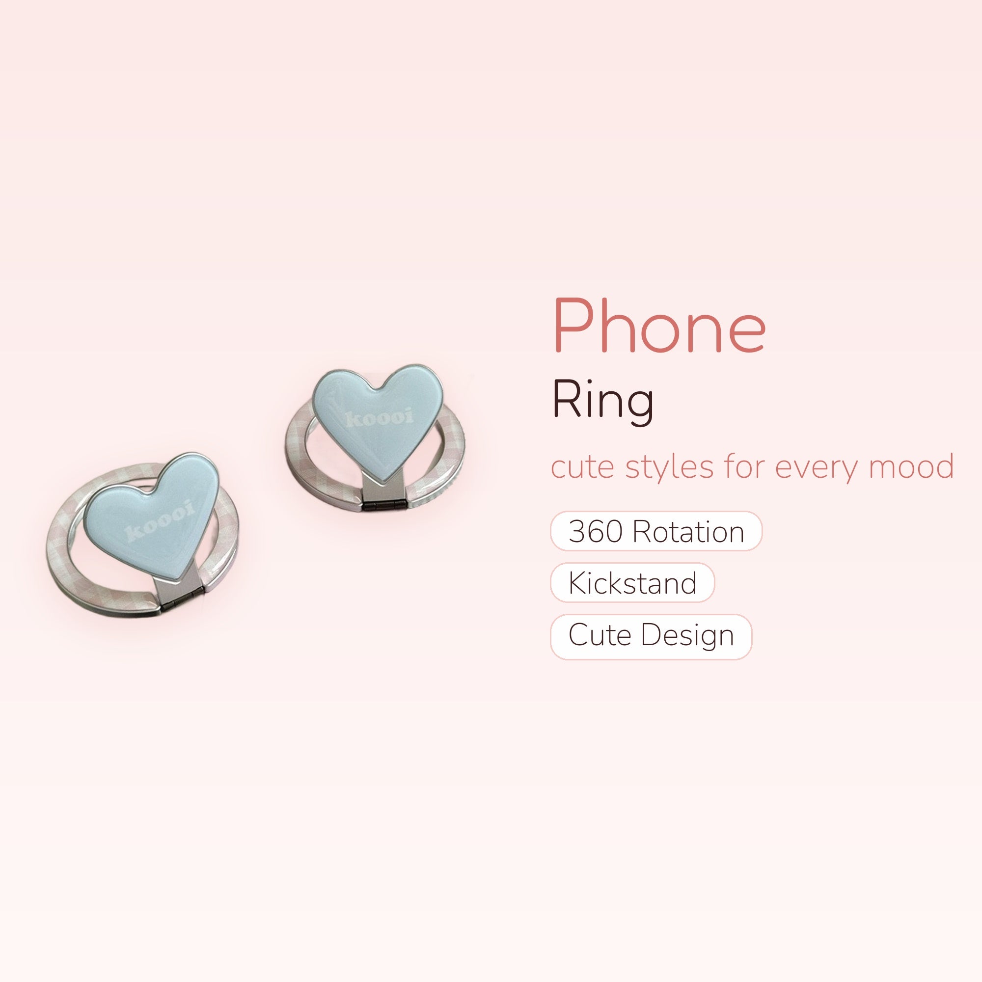 Pastel Blue Heart Phone Ring | Kawaii Gingham Finger Holder Kickstand