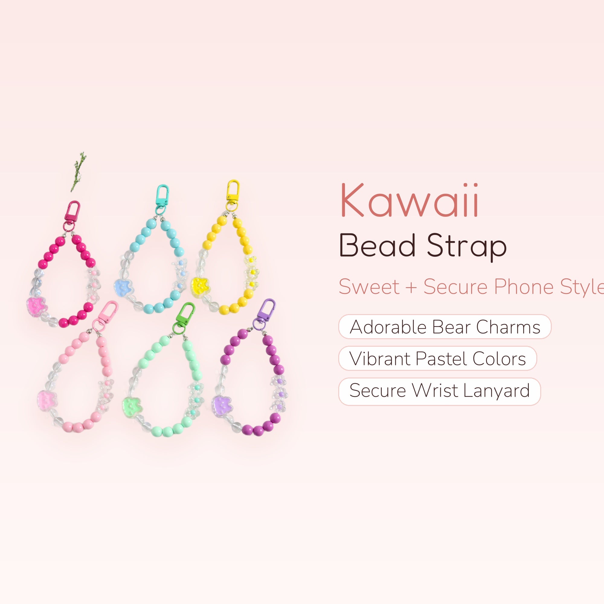 Kawaii Bear & Flower Bead Phone Charm Strap | Cute Wrist Lanyard