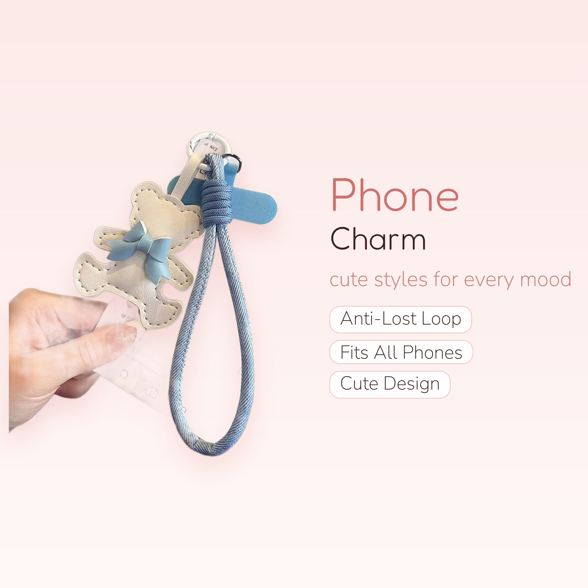 Cute White Bear & Blue Bow Phone Charm | Aesthetic Wrist Strap Lanyard