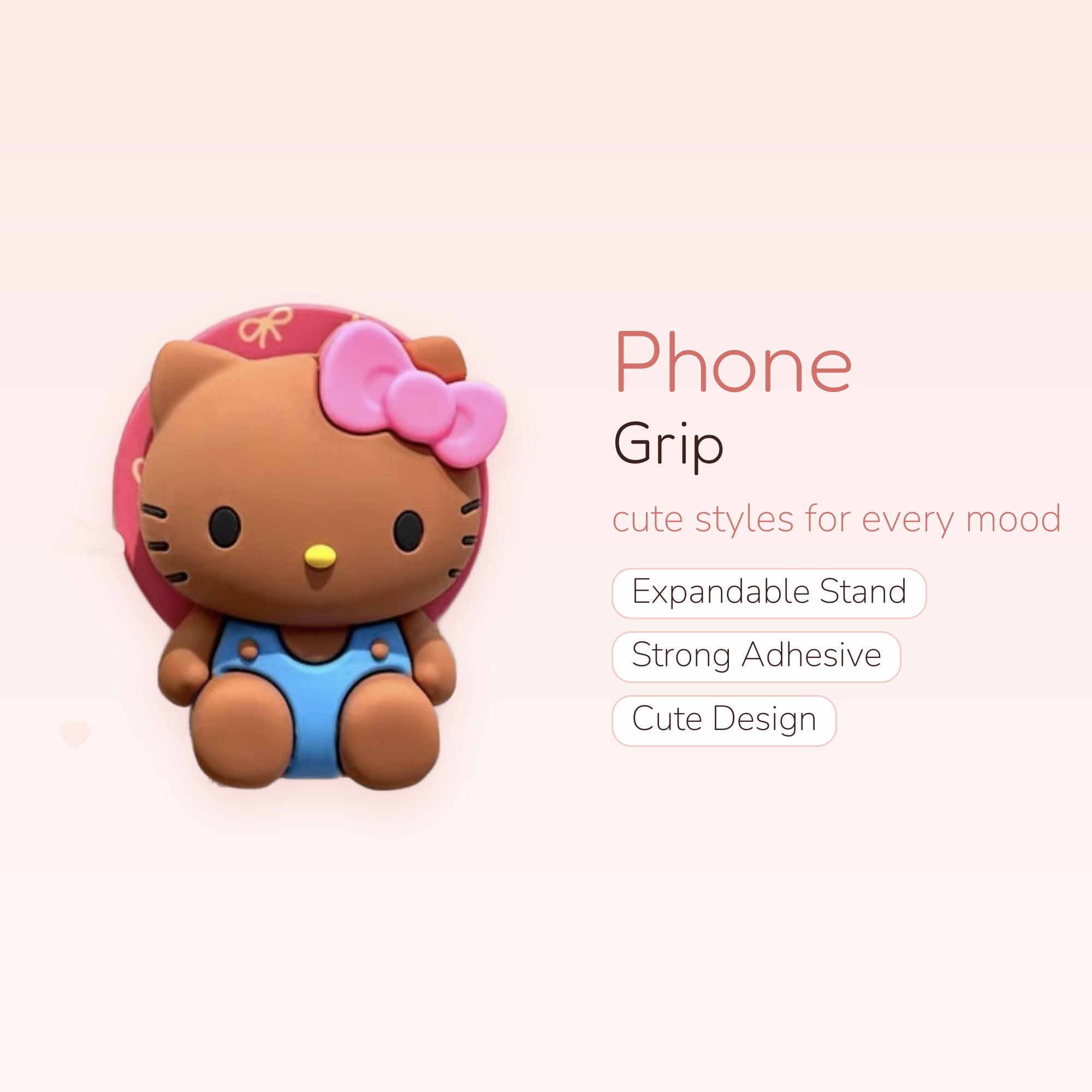 Kawaii Brown Hello Kitty Phone Grip | Cute Blue Overalls Pop Socket Stand