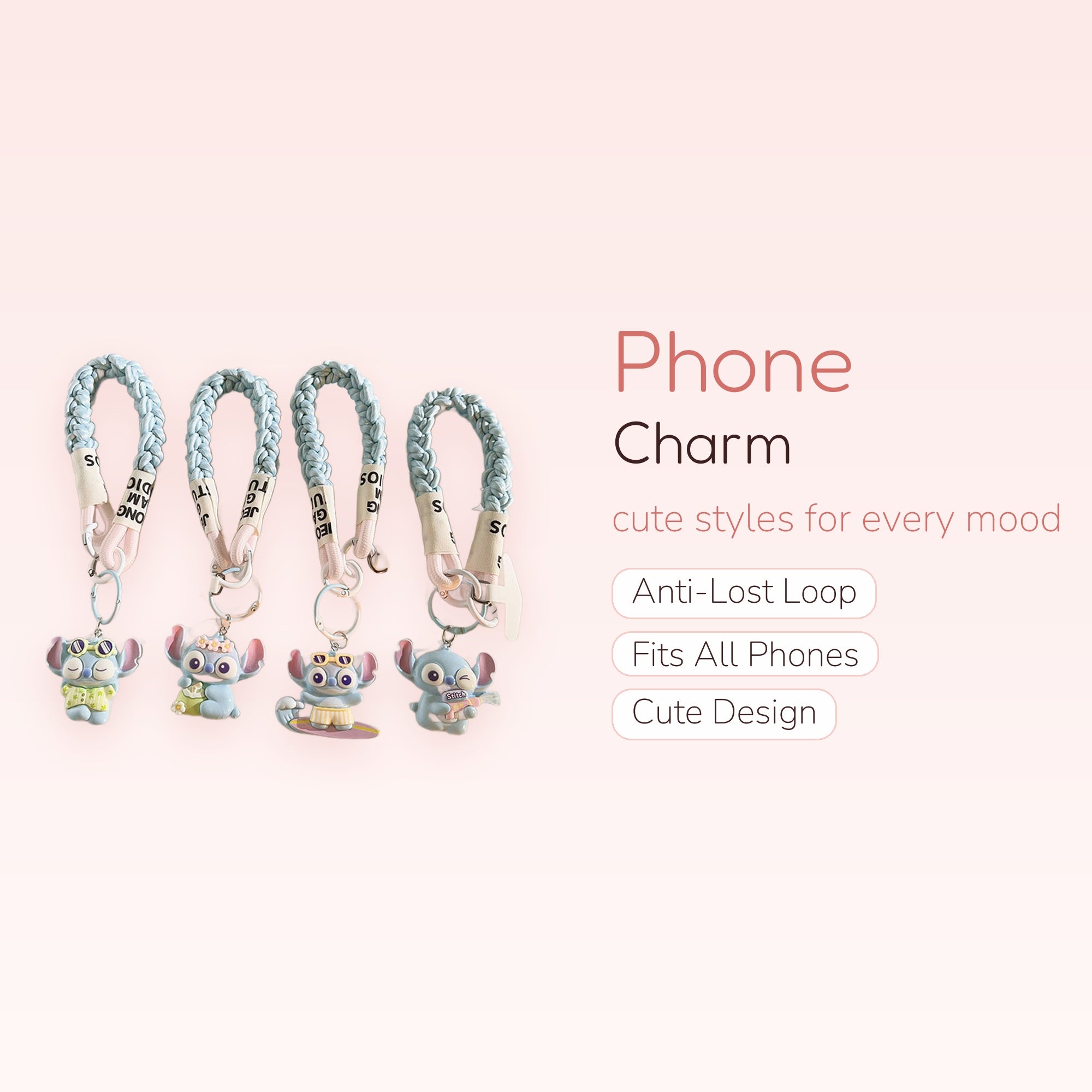 Kawaii Stitch Braided Phone Charm Strap | Pastel Blue Wrist Lanyard