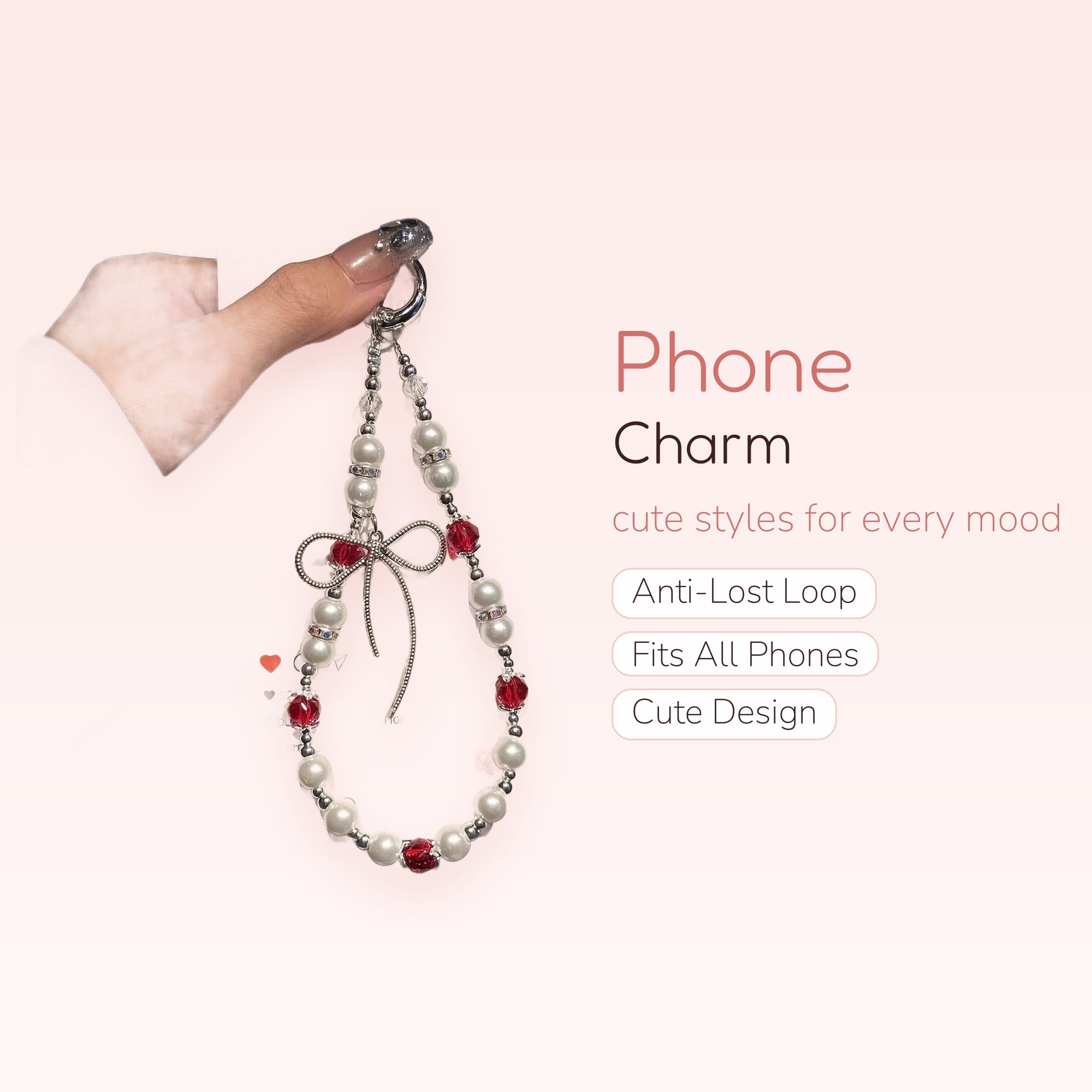 Elegant Pearl & Red Crystal Phone Charm | Cute Silver Bow Wrist Strap
