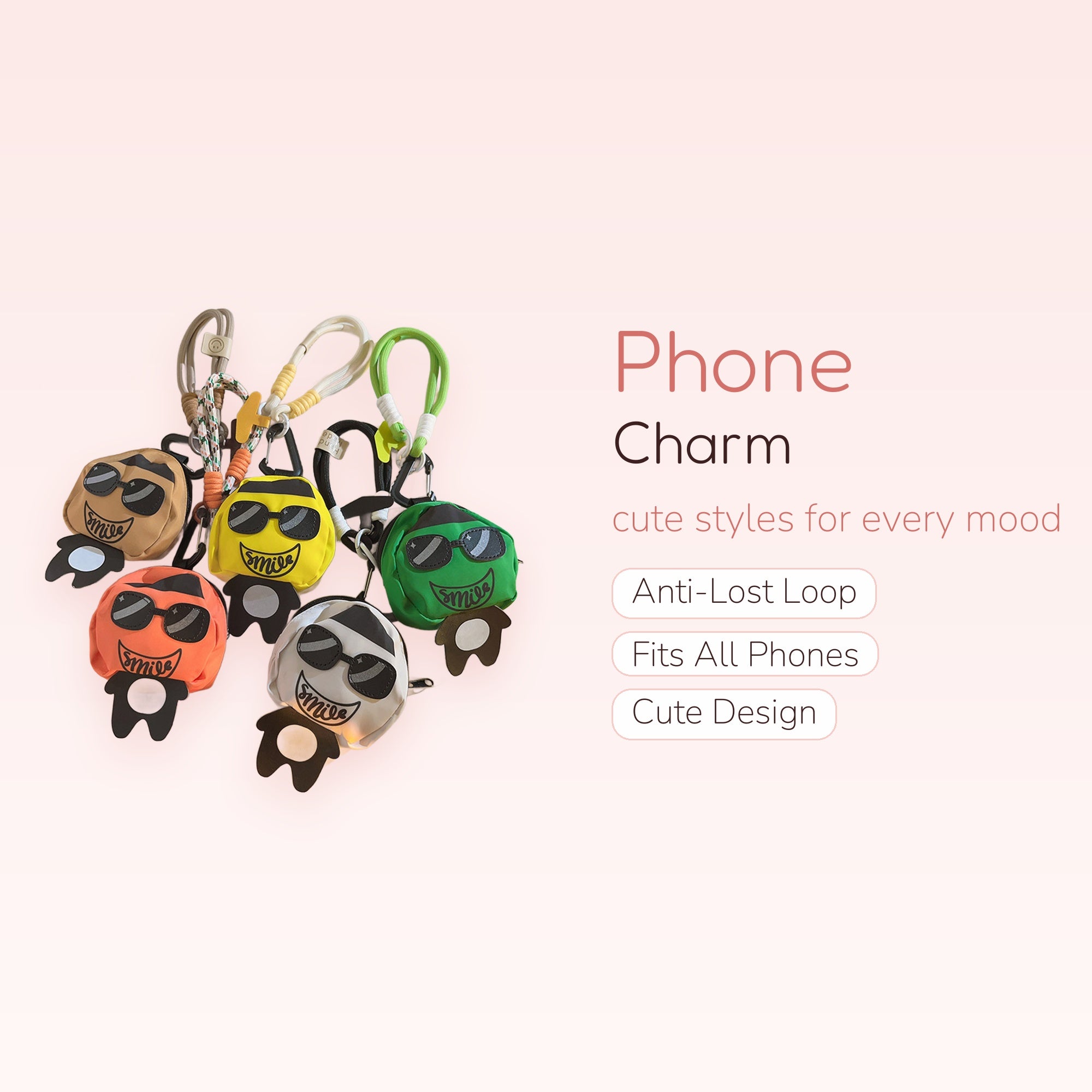 Cute Cartoon Face Pouch Phone Charm | Colorful Smile Face Mini Bag Keychain
