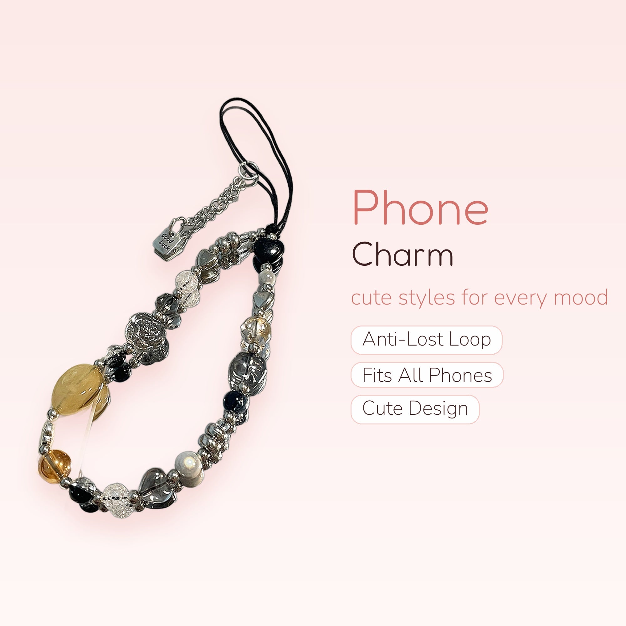 Aesthetic Beaded Phone Charm Strap with 'Good Luck' Charm | Y2K Black & Clear Crystal Wrist Lanyard