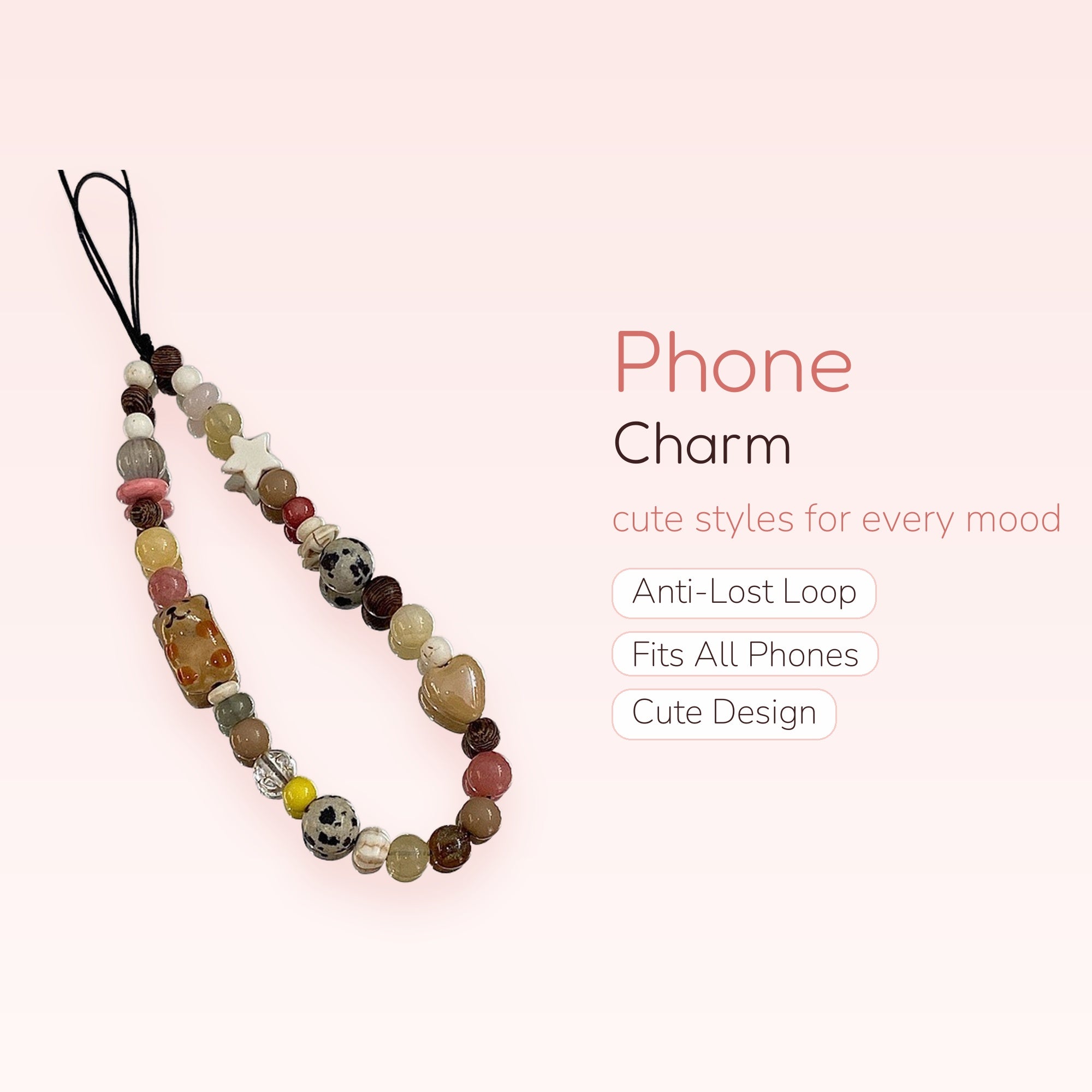 Aesthetic Mixed Bead Phone Charm Strap | Pastel Beaded Wrist Lanyard with Star & Heart