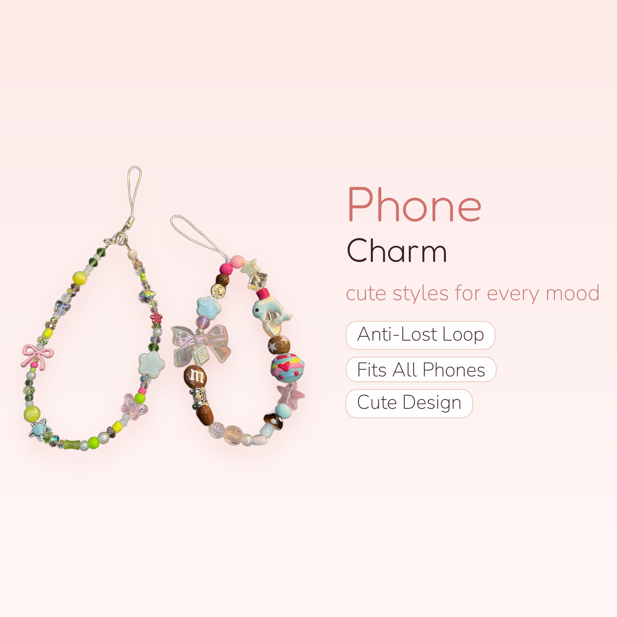 Kawaii Beaded Phone Charm Strap Duo | Pastel Y2K Wrist Lanyard Set