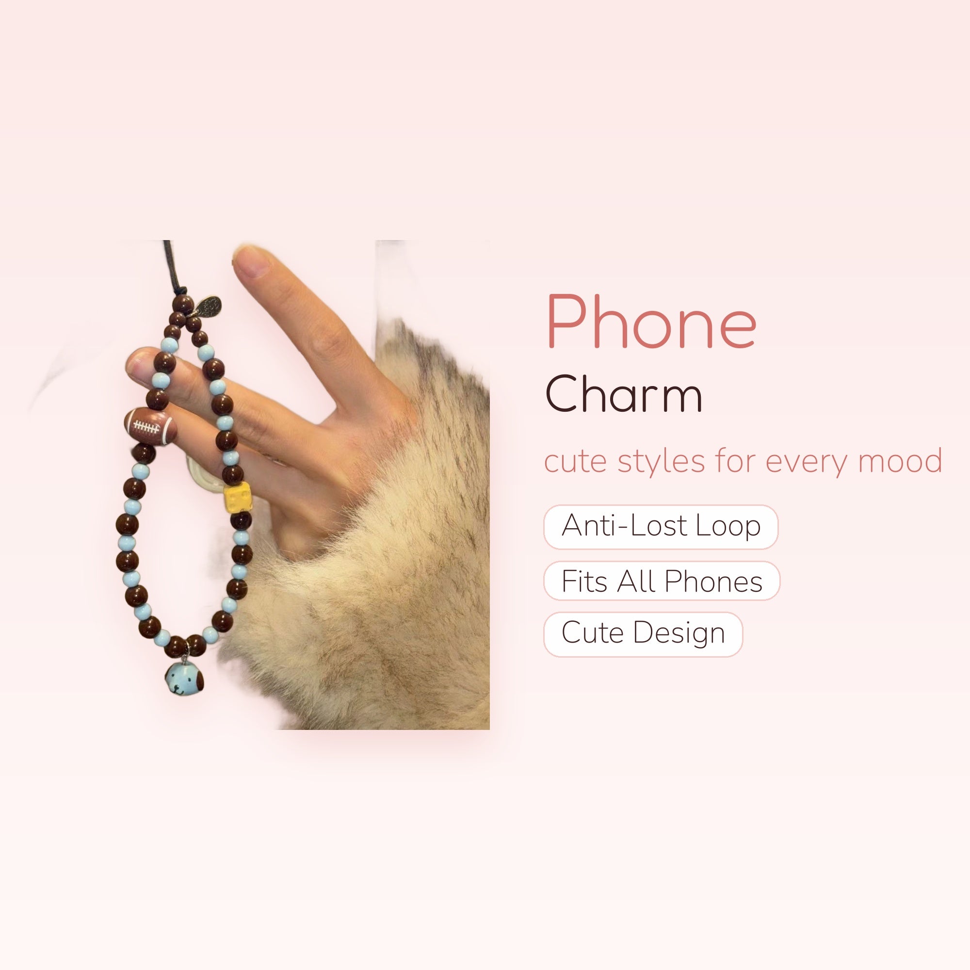 Cute Brown & Blue Beaded Phone Charm | Football & Doggy Wrist Strap