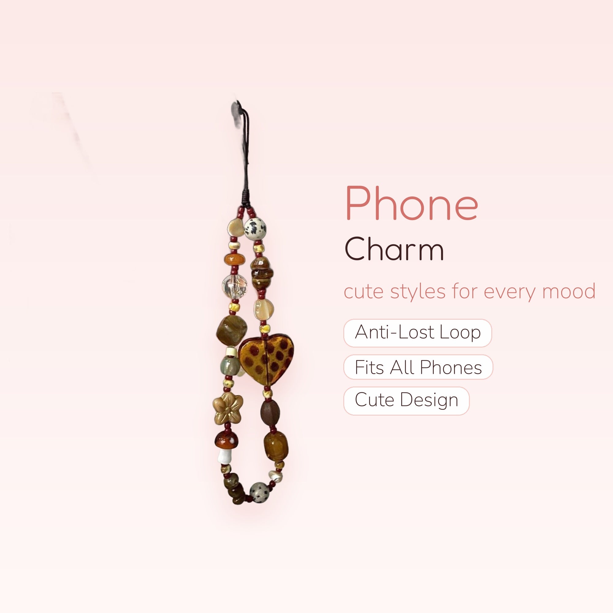 Aesthetic Beaded Phone Charm Strap | Earthy Toned Heart & Flower Wrist Lanyard