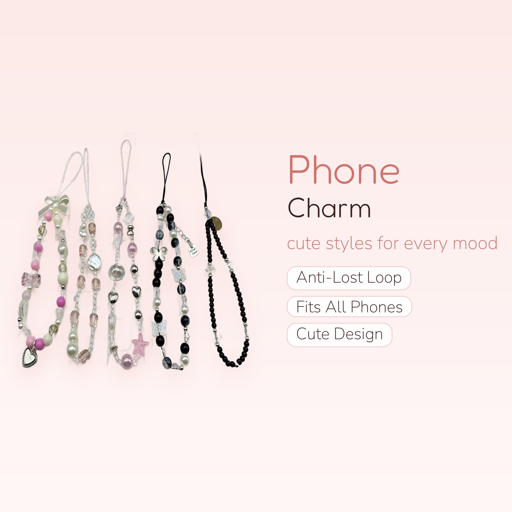 Kawaii Beaded Phone Charm Straps | Pastel & Monochrome Wrist Lanyards