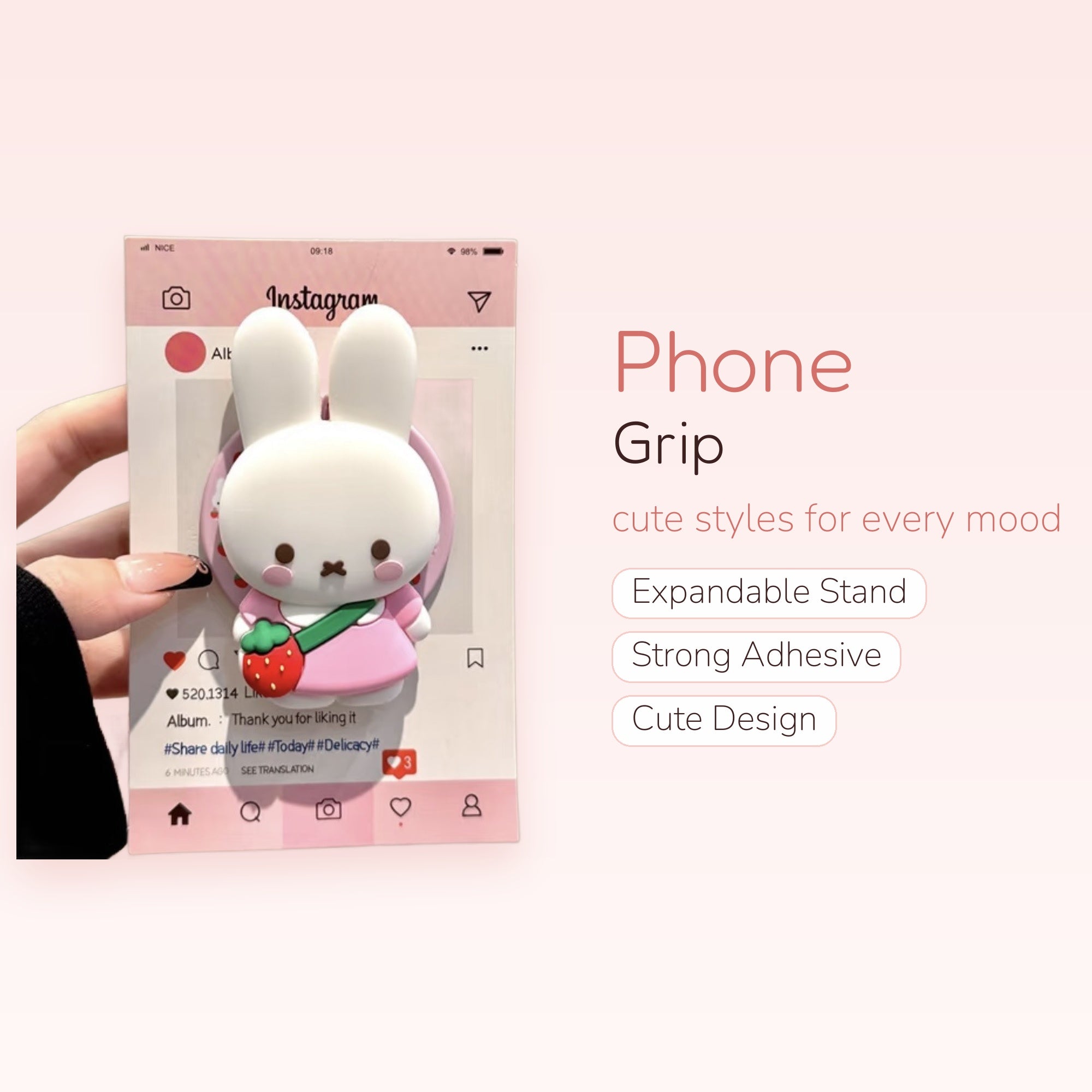 Cute White Bunny Phone Grip | Kawaii Strawberry Crossbody Pop Socket Stand