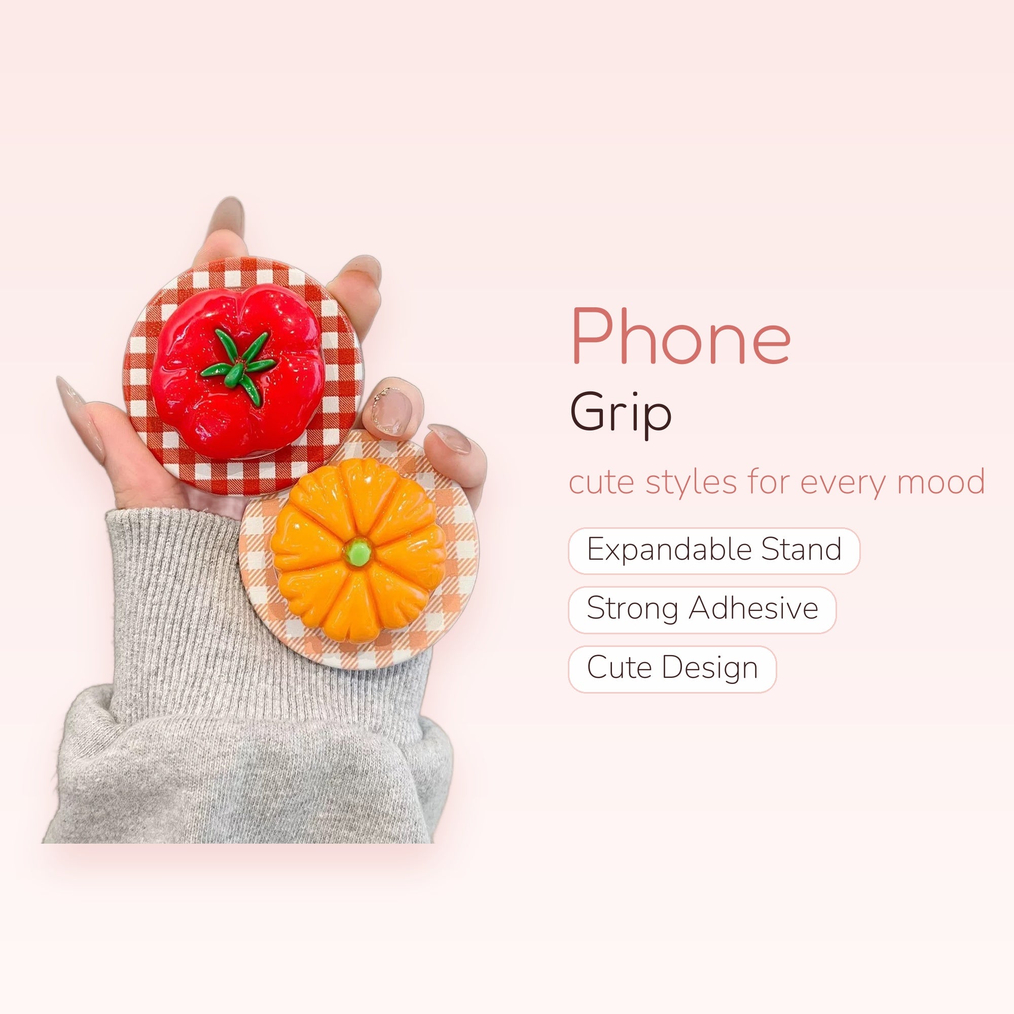 Cute Tomato & Pumpkin Phone Grip | Kawaii Gingham Pop Socket Stand