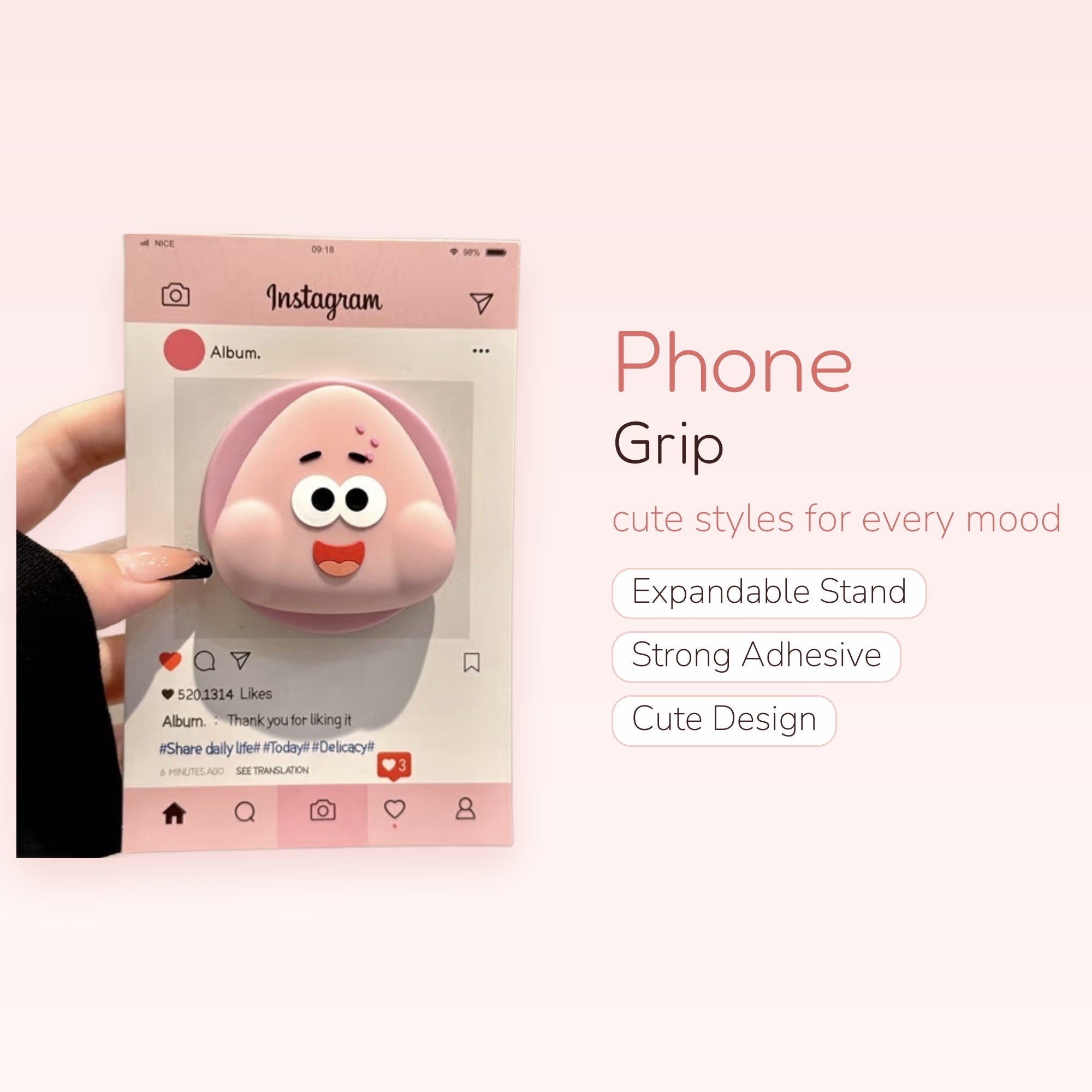 Kawaii Pink Onigiri Instagram Phone Grip | Cute Pop Socket Stand for Phones