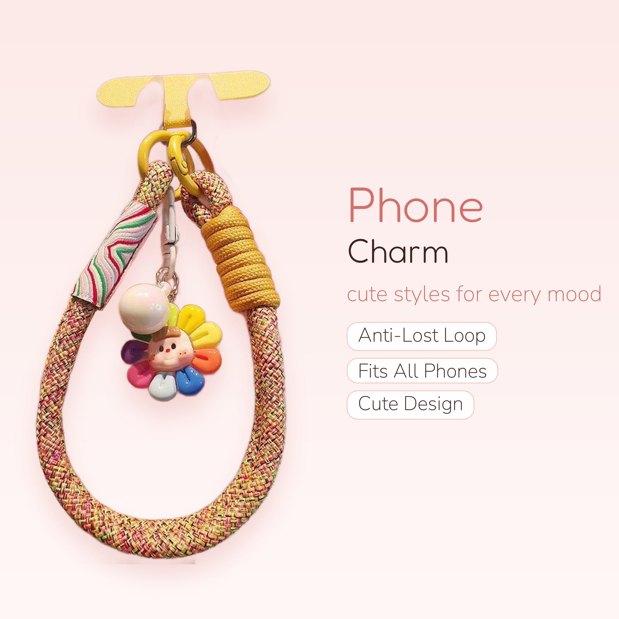 Colorful Braided Rope Phone Charm | Kawaii Flower Face Wrist Lanyard