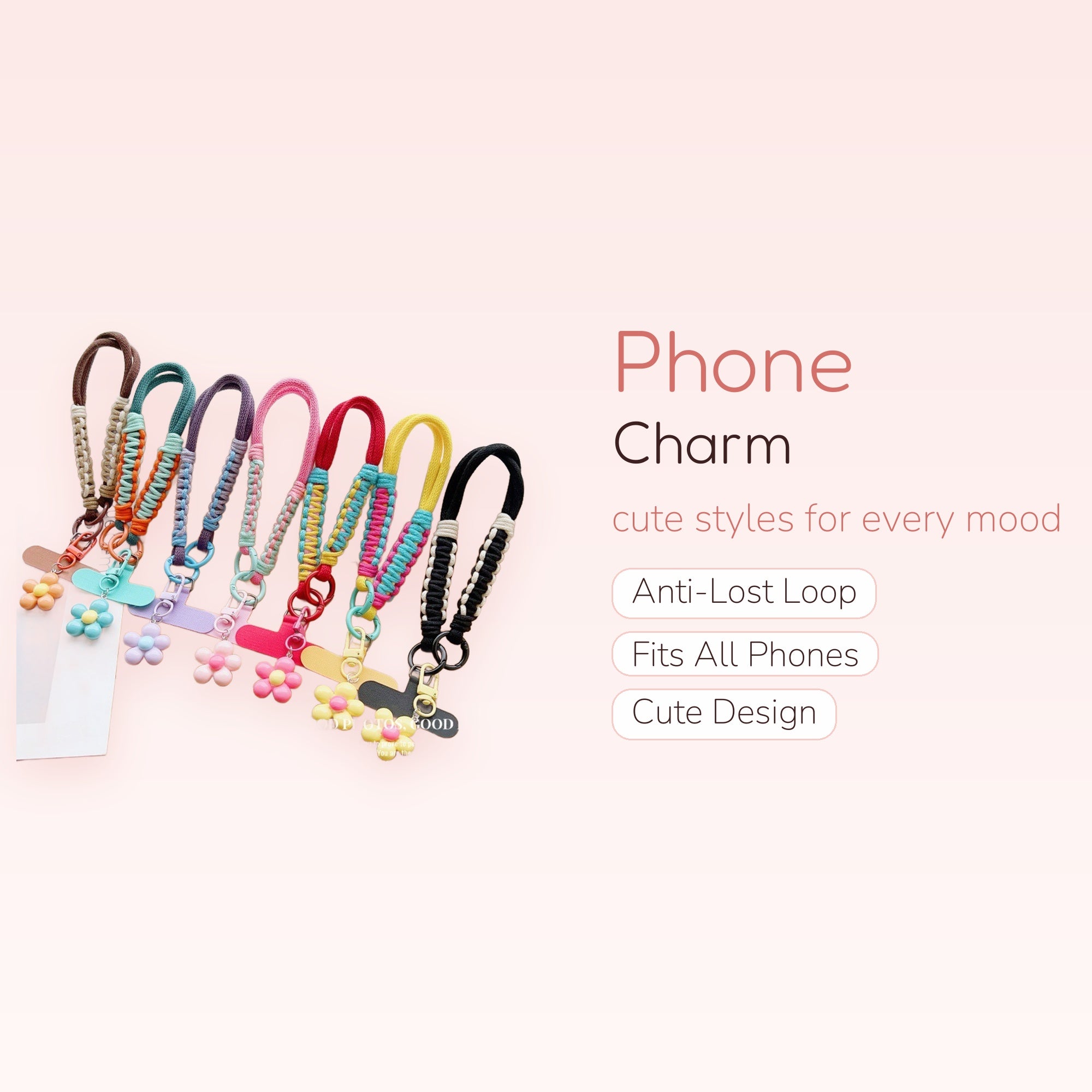 Braided Macrame Phone Charm Strap with Cute Flower Pendant | Colorful Wrist Lanyard