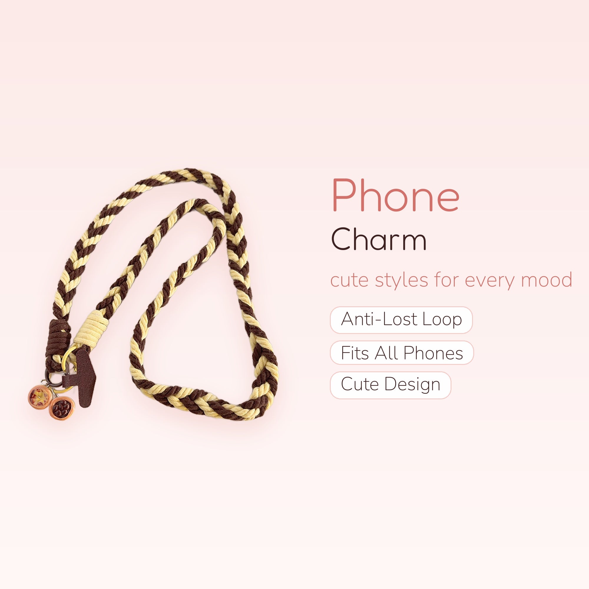 Braided Brown & Cream Phone Lanyard | Cute Fruit Charm Wrist Strap