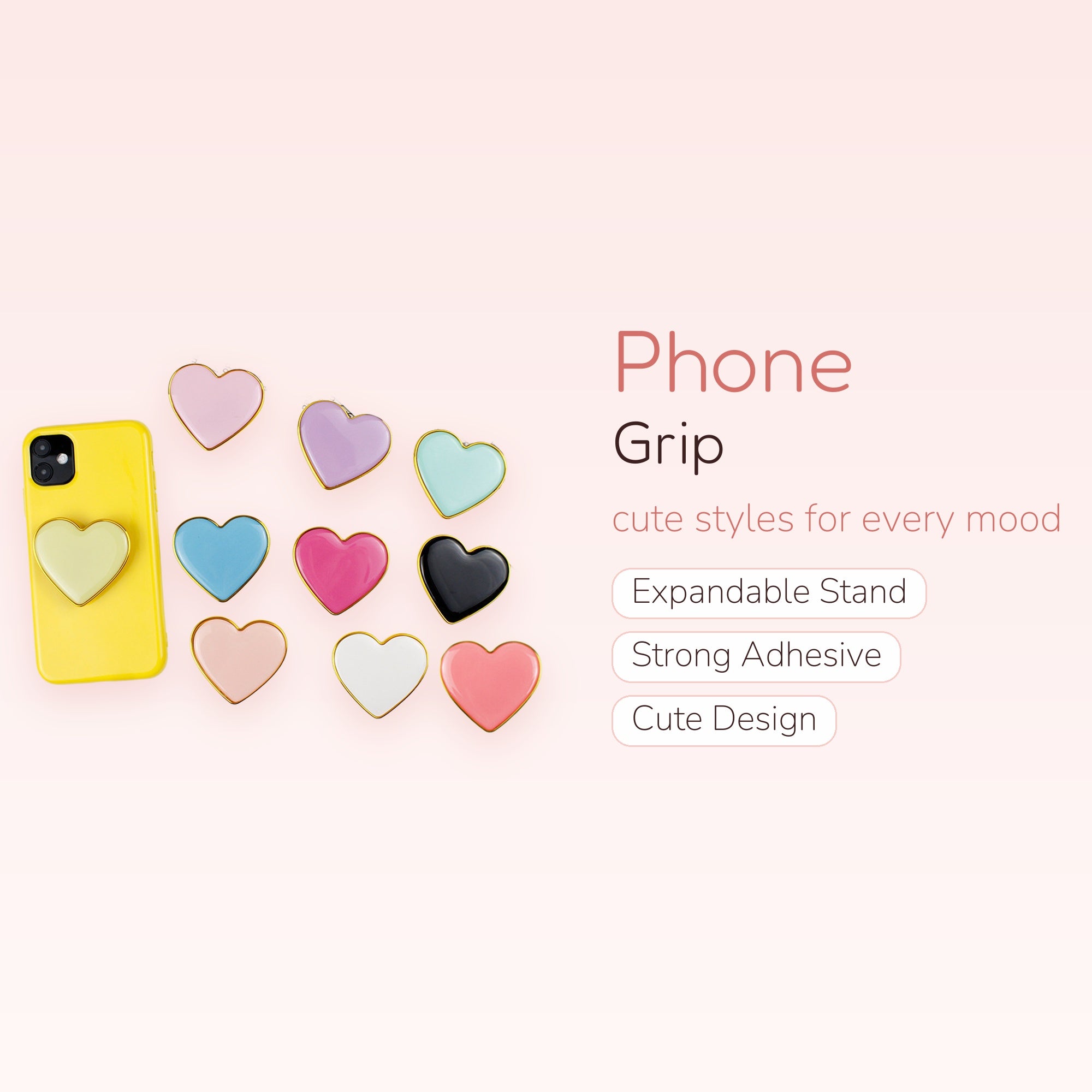 Pastel Heart Phone Grip | Cute Gold Trim Pop Socket Stand