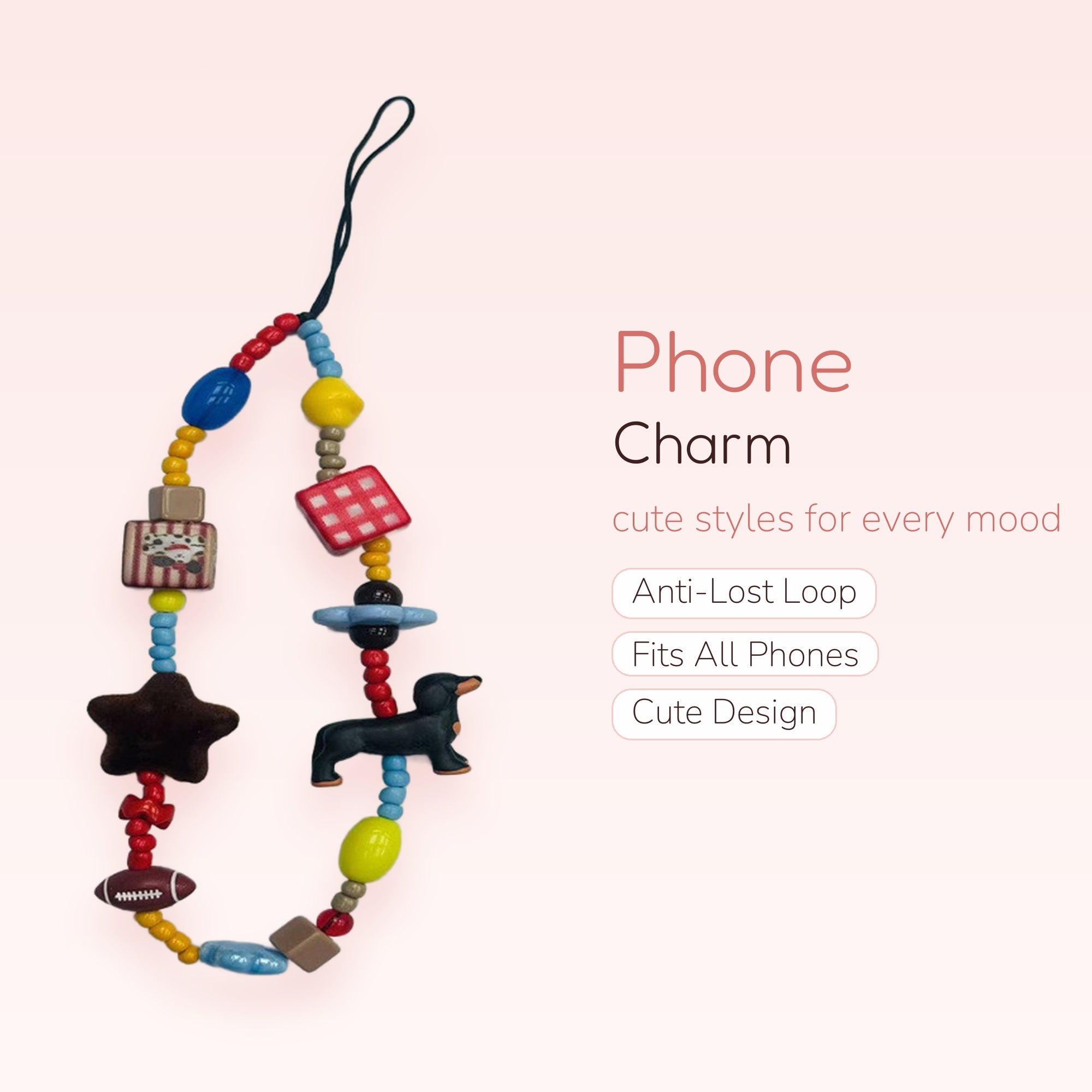 Kawaii Colorful Beaded Phone Charm | Y2K Aesthetic Dachshund & Star Wrist Strap