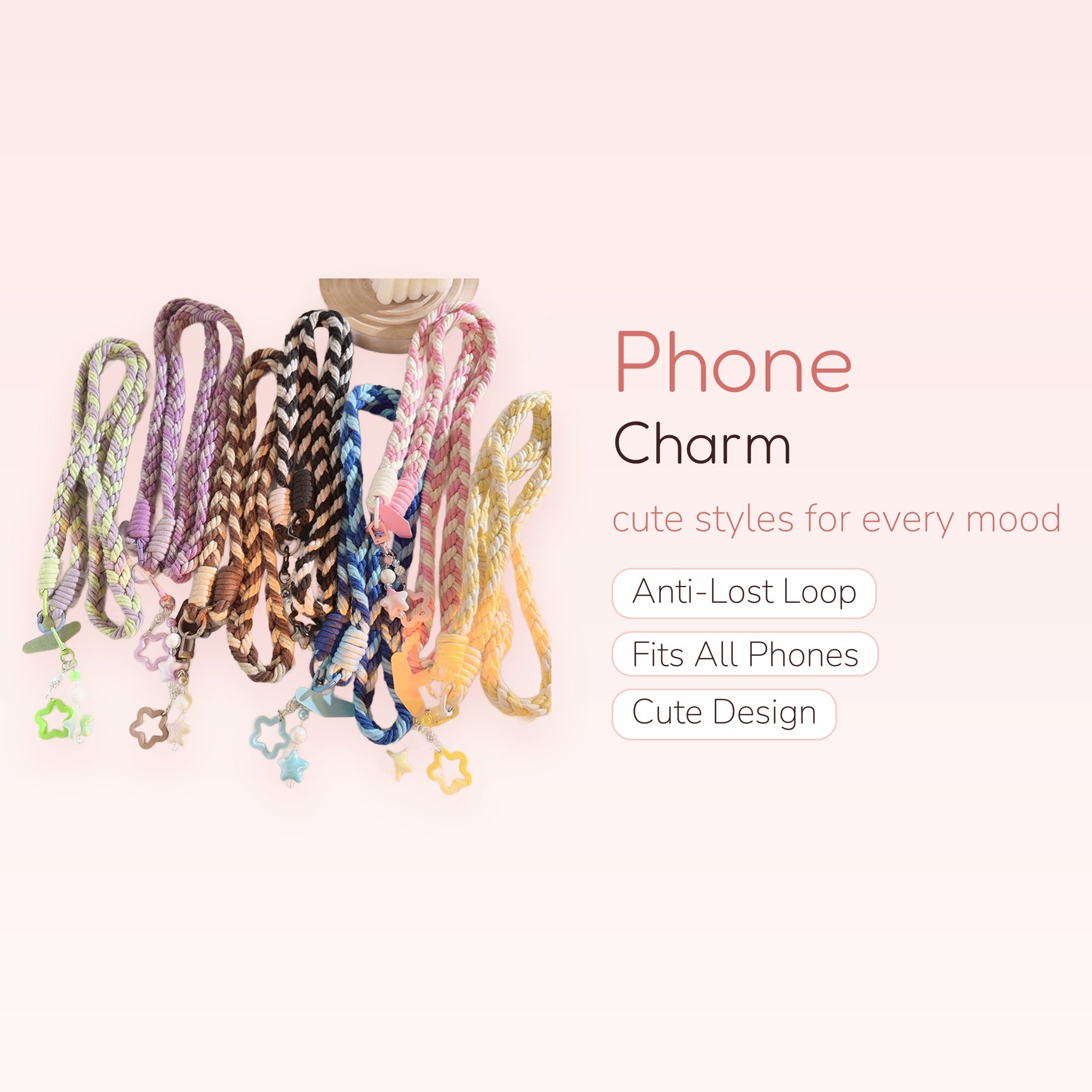 Braided Rope Phone Charm Lanyard | Cute Star & Pearl Beaded Wrist Strap