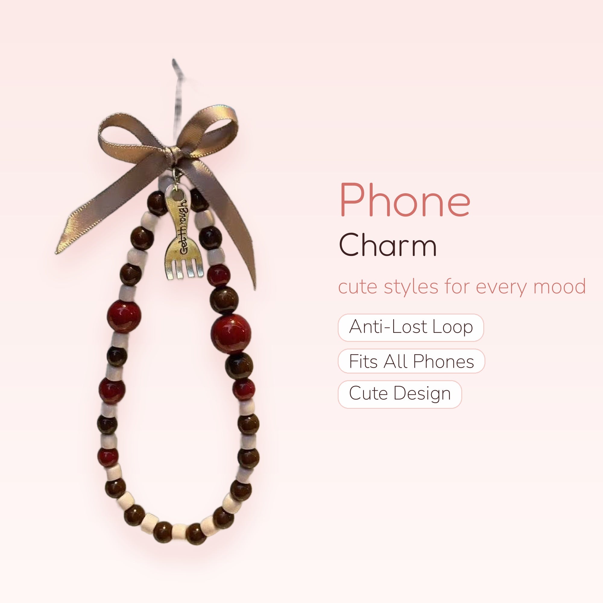 Cute Red & Brown Beaded Phone Charm | Fork Charm Wrist Strap
