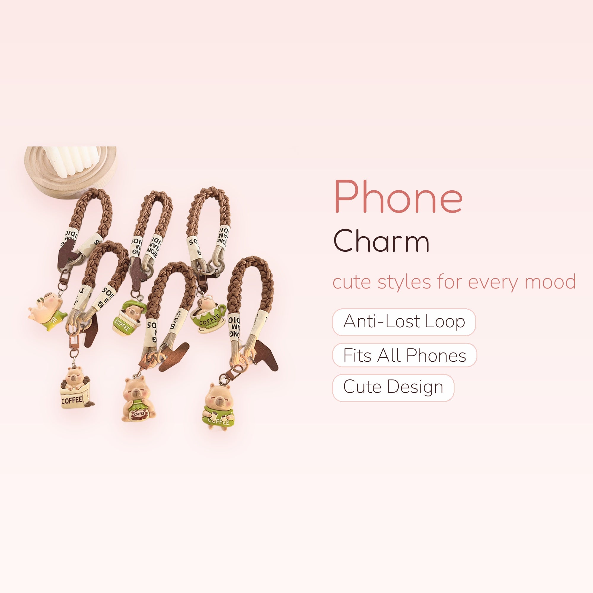 Cute Coffee Bear Braided Phone Charm Strap | Kawaii Animal Wrist Lanyard