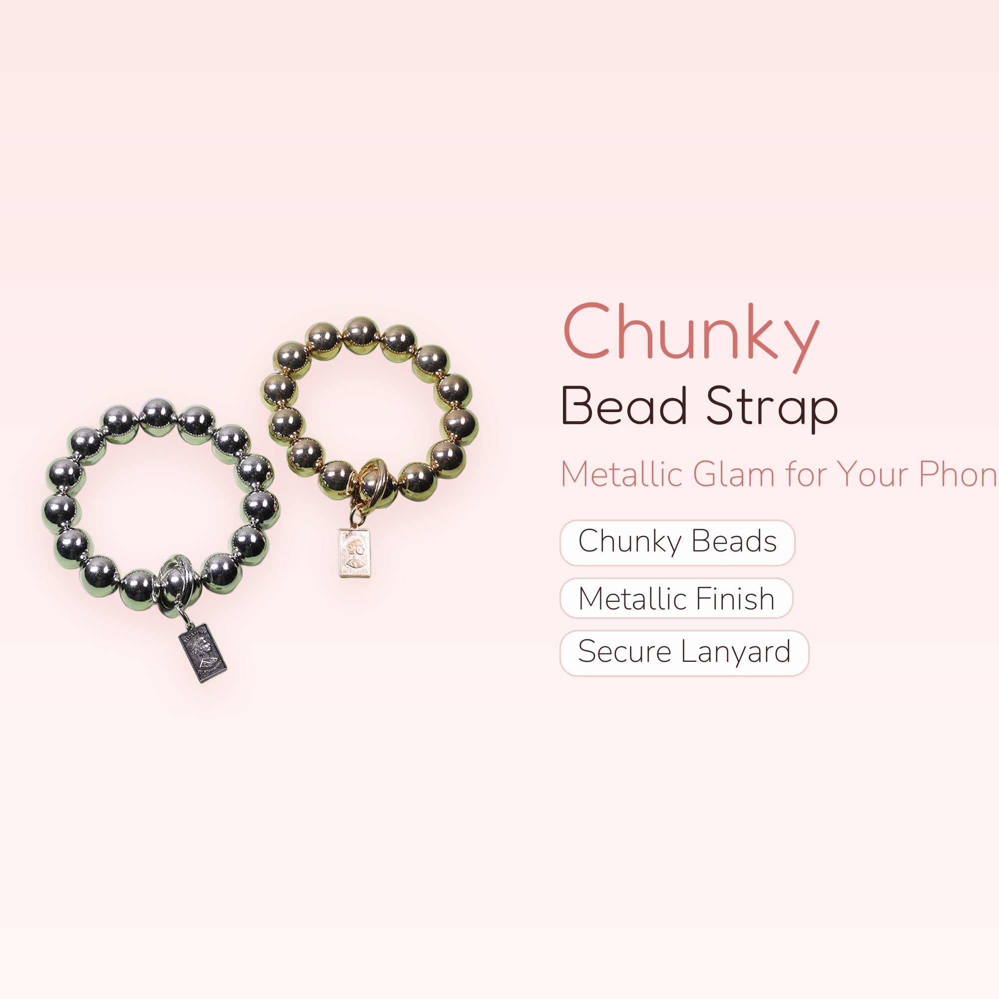 Chunky Metallic Bead Phone Charm Strap | Gold & Silver Lanyard