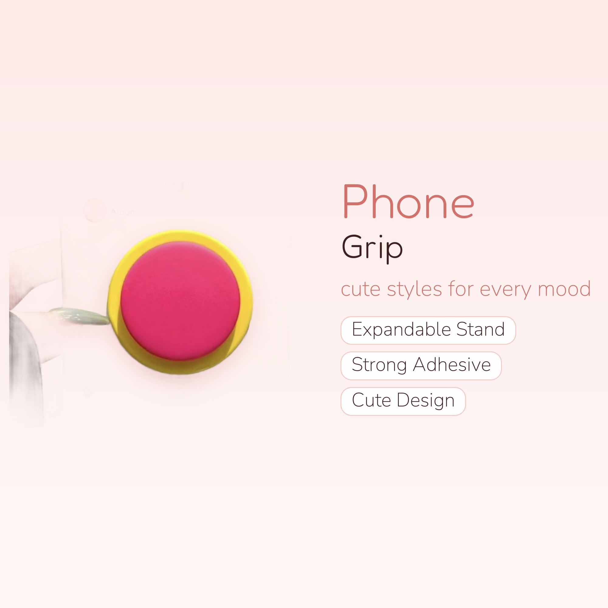 Kawaii Instagram Post Phone Grip | Cute Pink & Yellow Pop Socket Stand