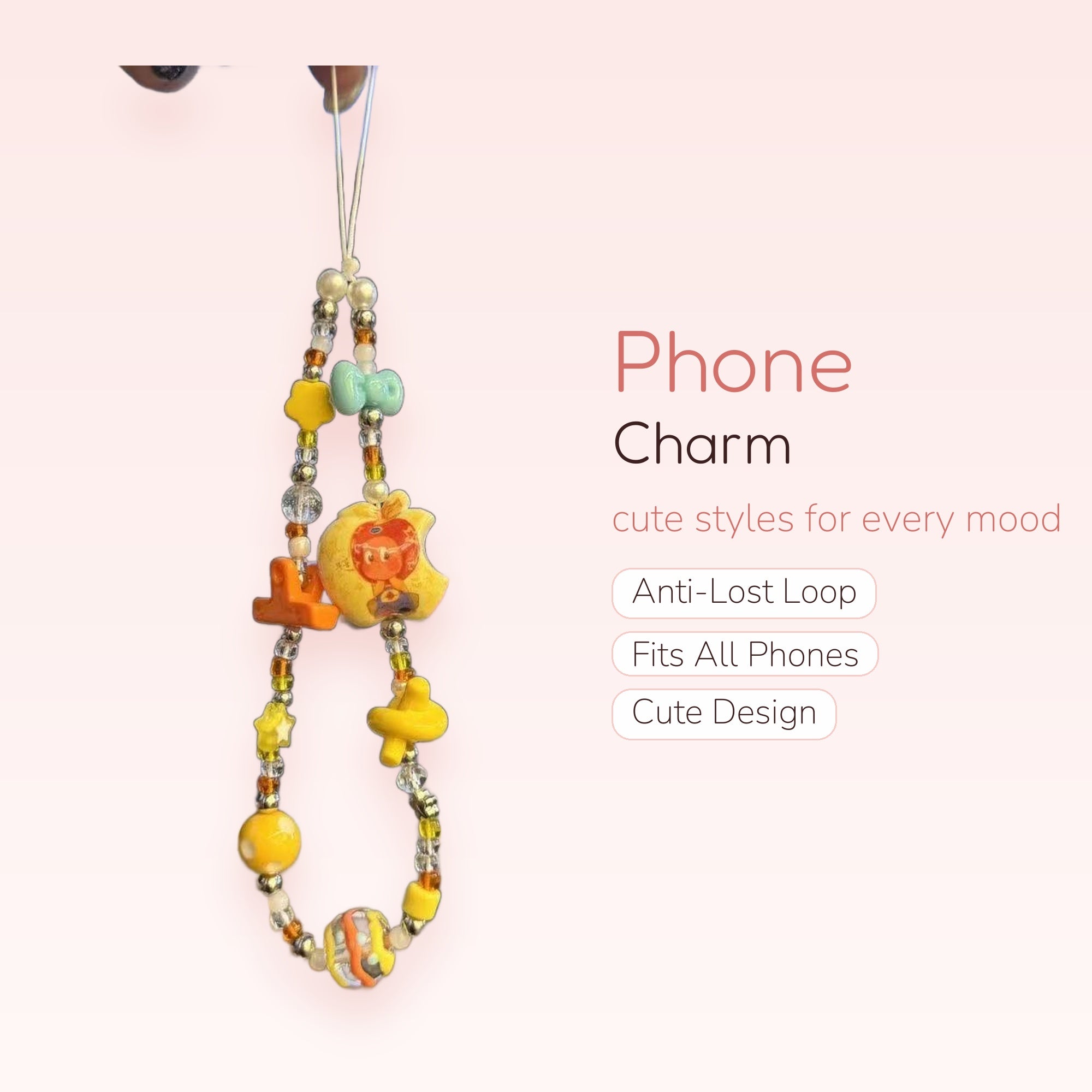 Cute Yellow Apple & Bow Phone Charm | Beaded Wrist Strap with Letter Charms