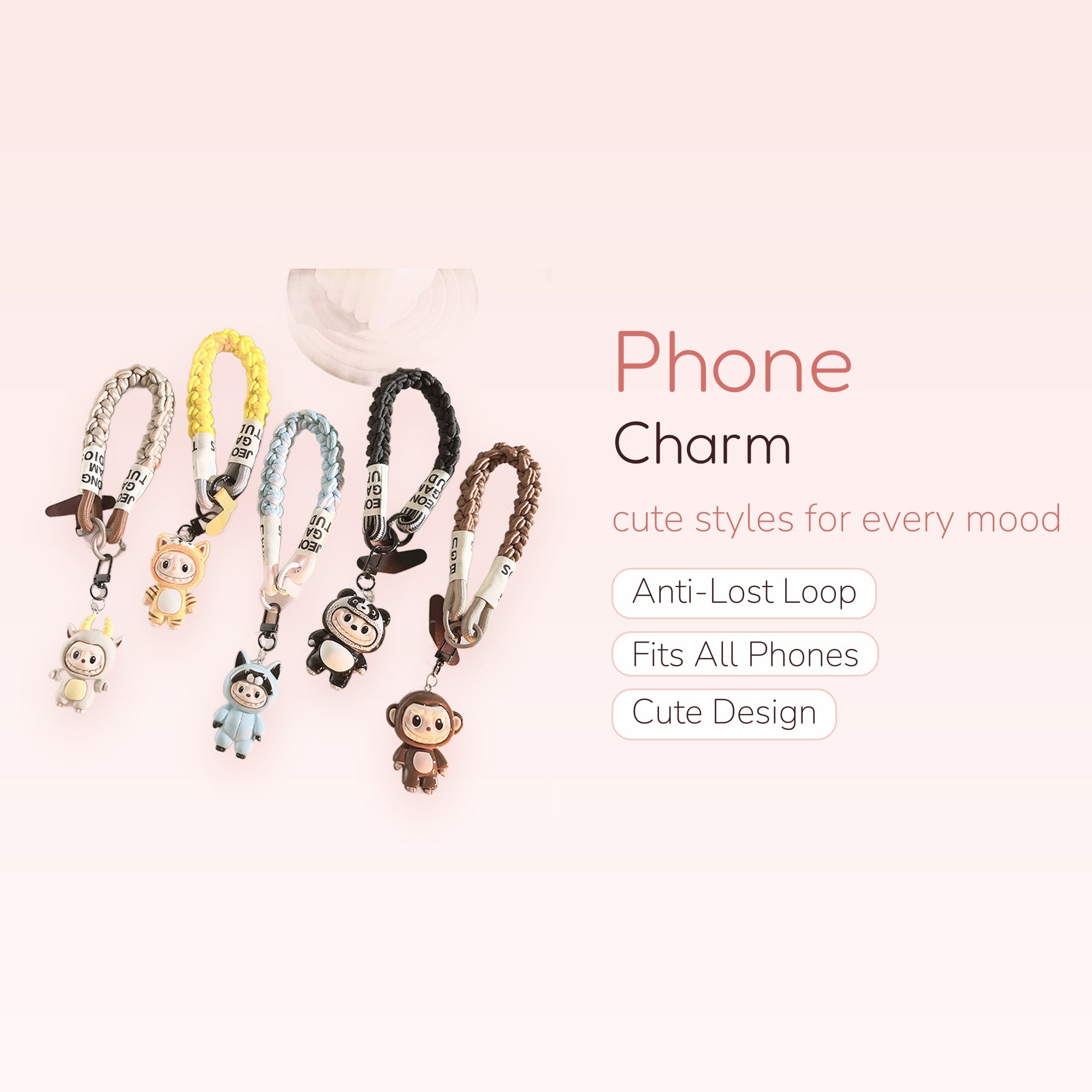 Braided Rope Animal Character Phone Charm Strap | Cute Wrist Lanyard Keychain