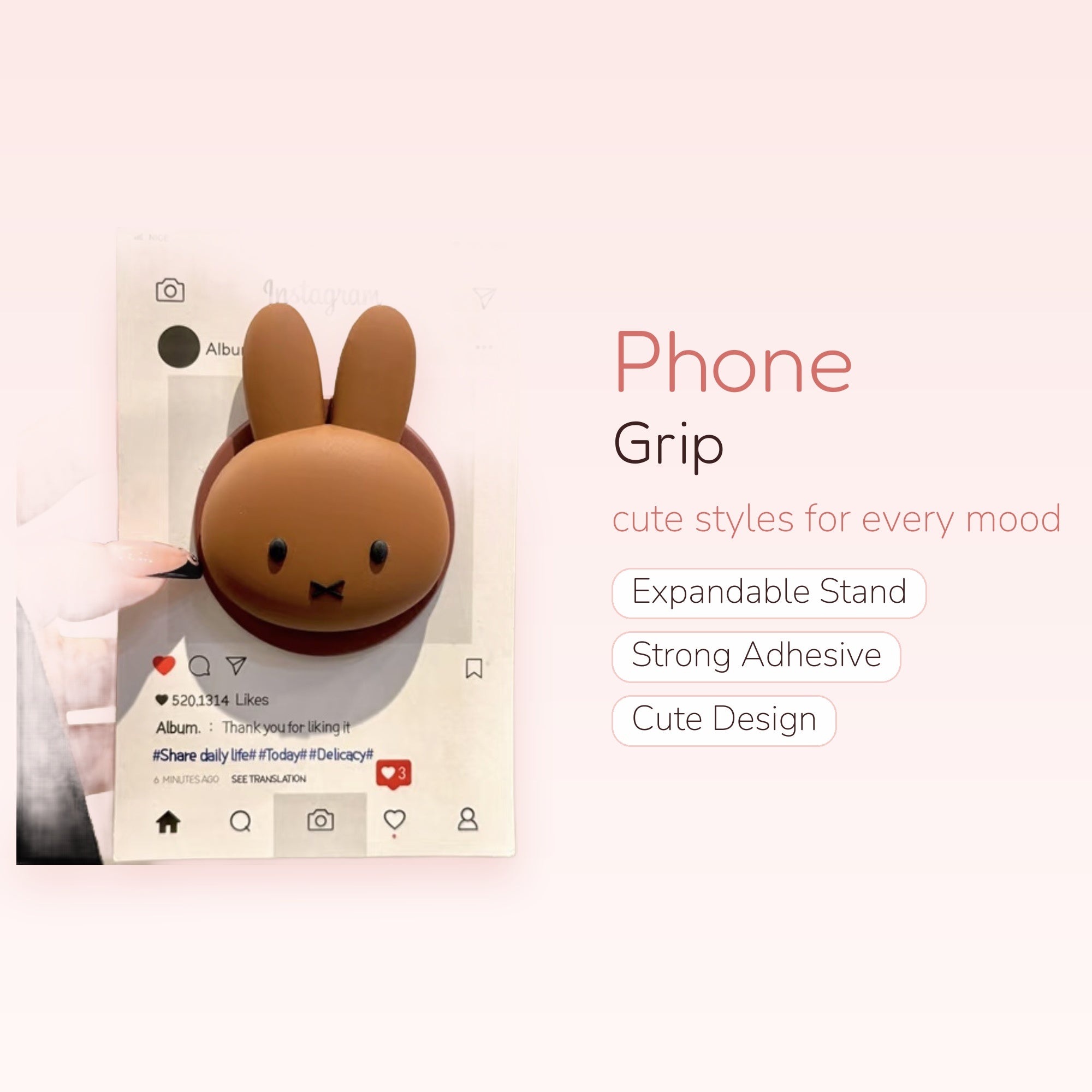 Cute Brown Miffy Bunny Phone Grip | Kawaii Pop Socket Stand for Phones