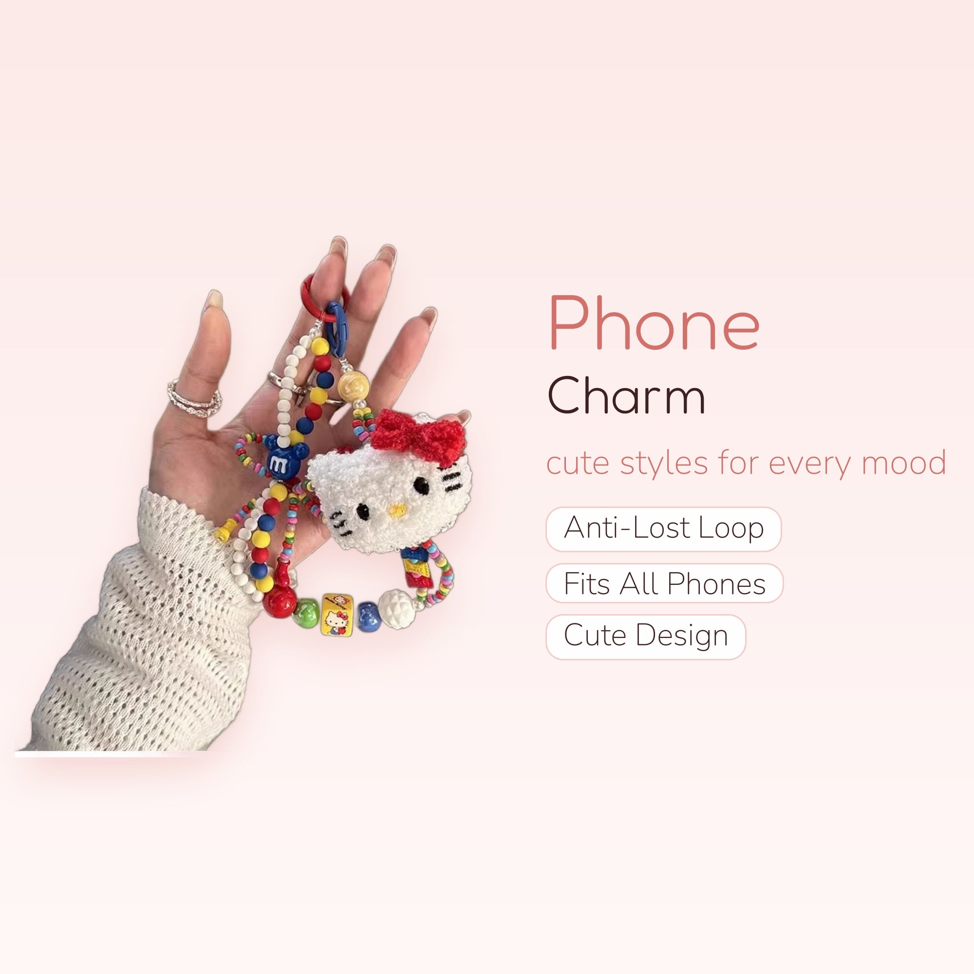 Kawaii Hello Kitty & M&M Beaded Phone Charm | Colorful Y2K Wrist Strap Lanyard