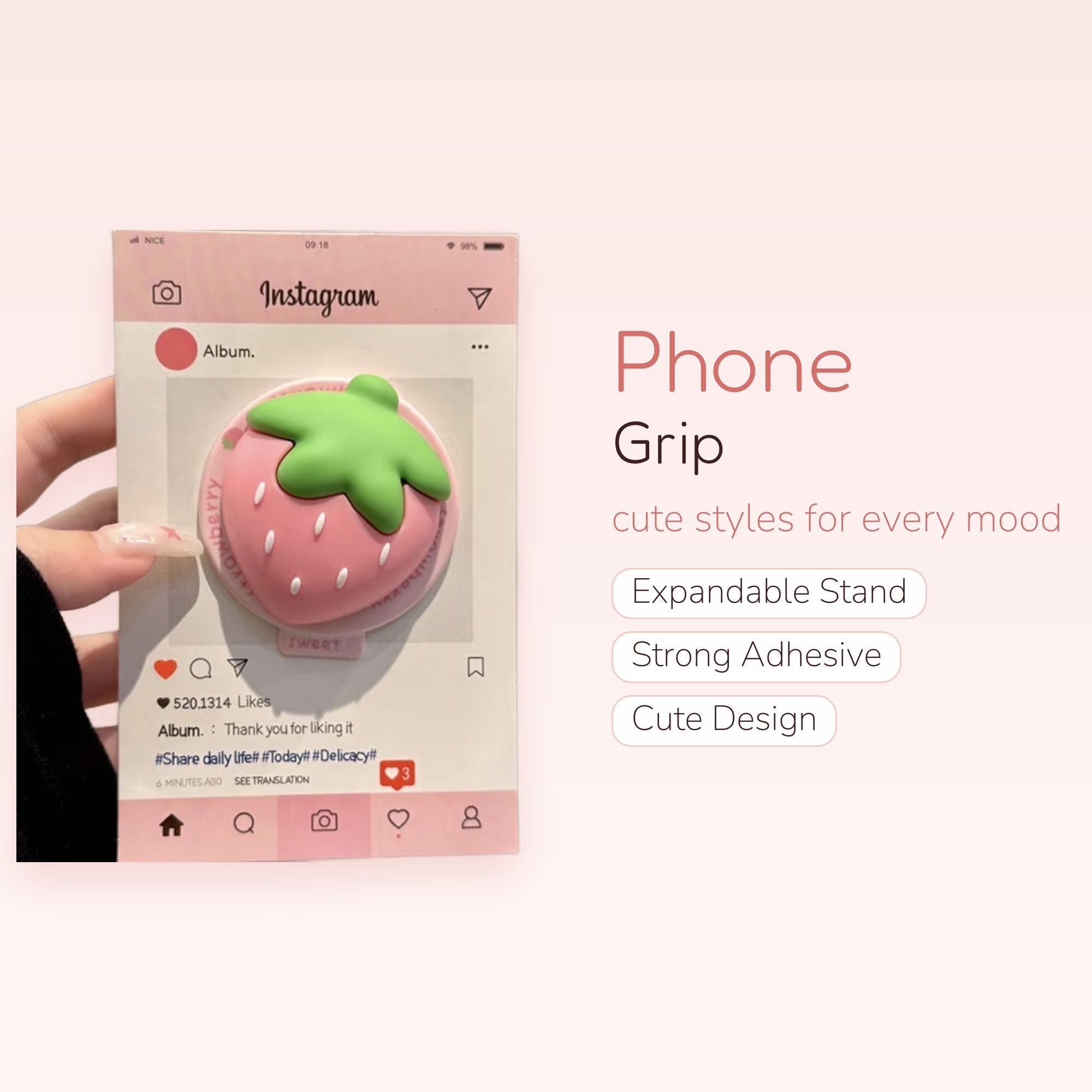 Pink Strawberry Instagram Phone Grip | Kawaii Pop Socket Stand