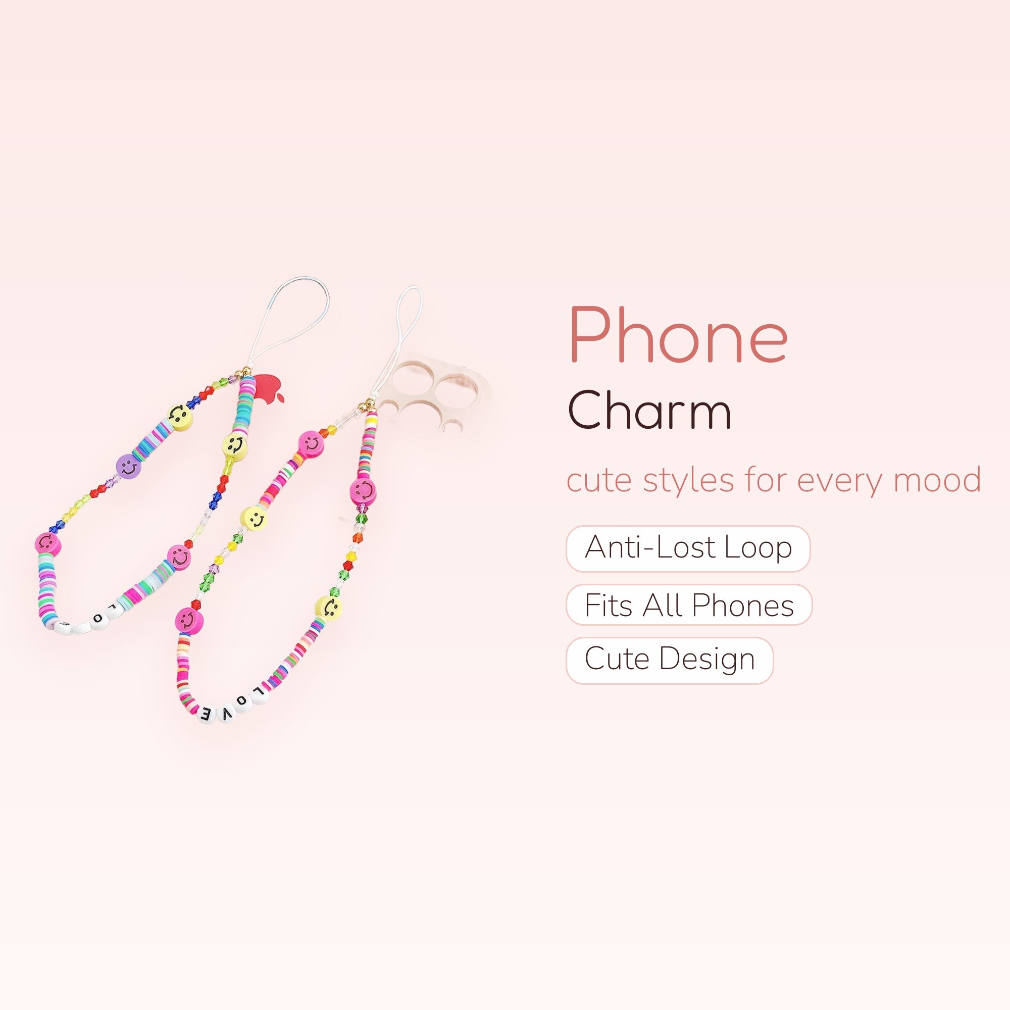 Colorful Smiley Face Beaded Phone Charm | Y2K Rainbow Clay Bead Wrist Strap