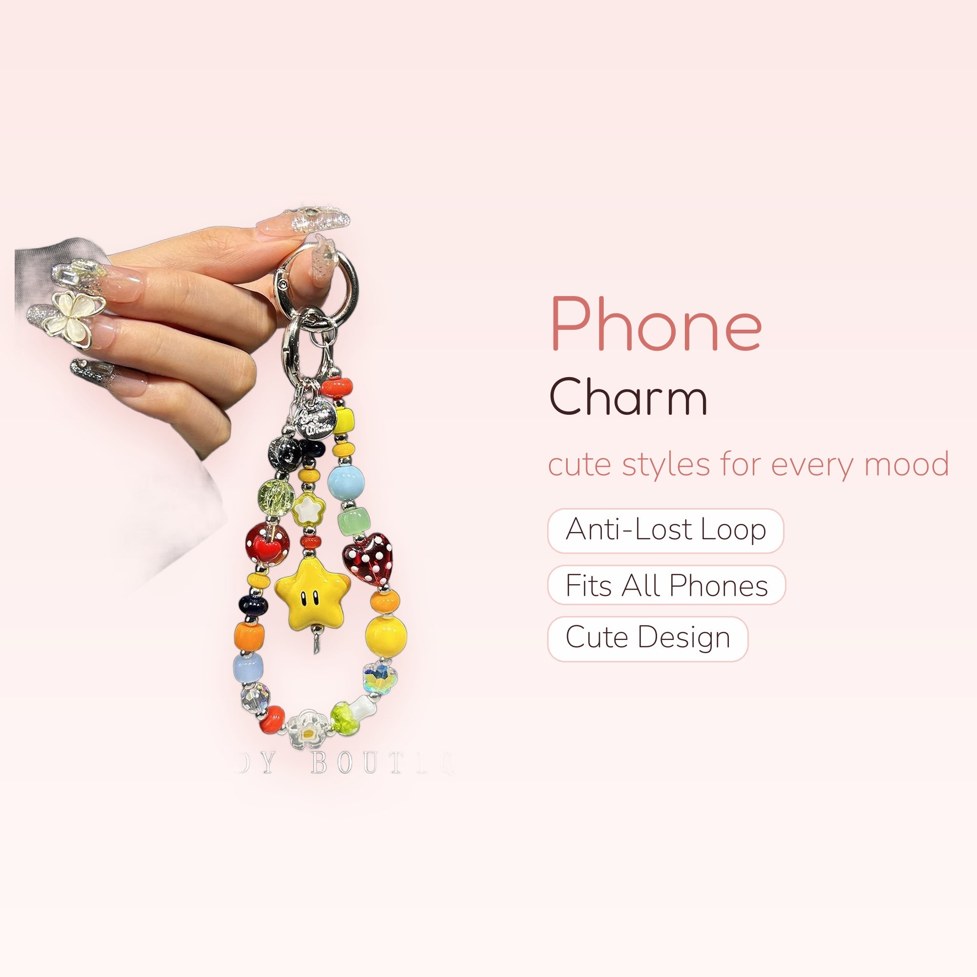 Kawaii Super Mario Star & Heart Beaded Phone Charm | Colorful Y2K Wrist Lanyard