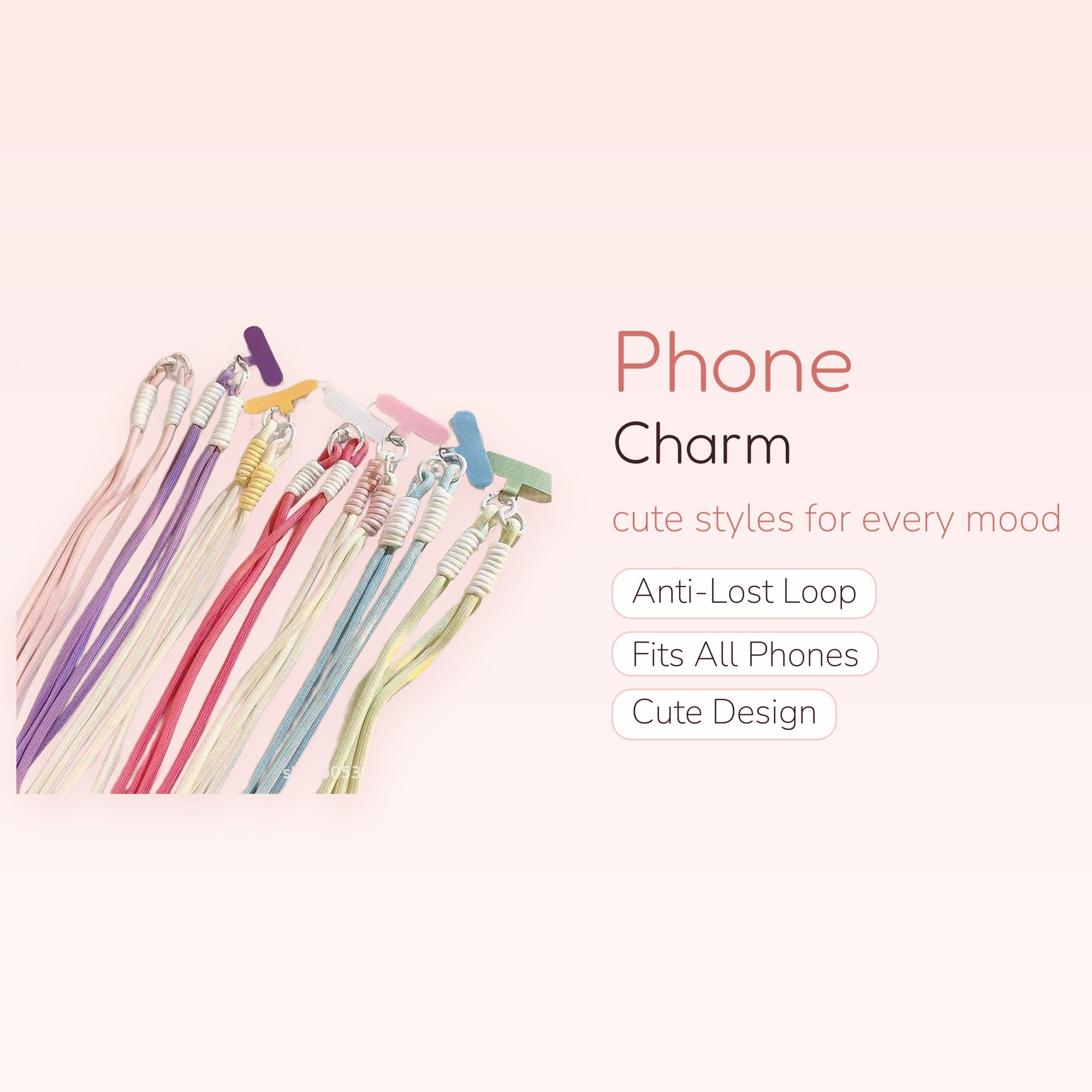 Pastel Braided Phone Charm Lanyard | Cute Wrist Strap with T-Bar Attachment