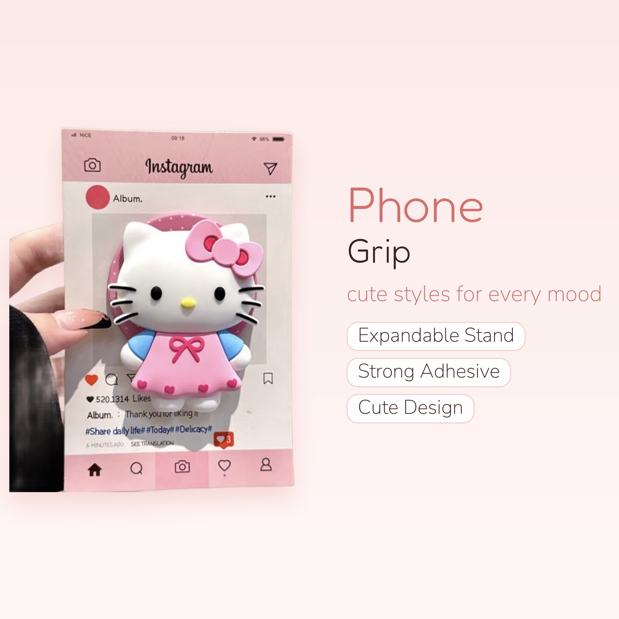 Kawaii Hello Kitty Instagram Phone Grip | Cute Pink Pop Socket Stand