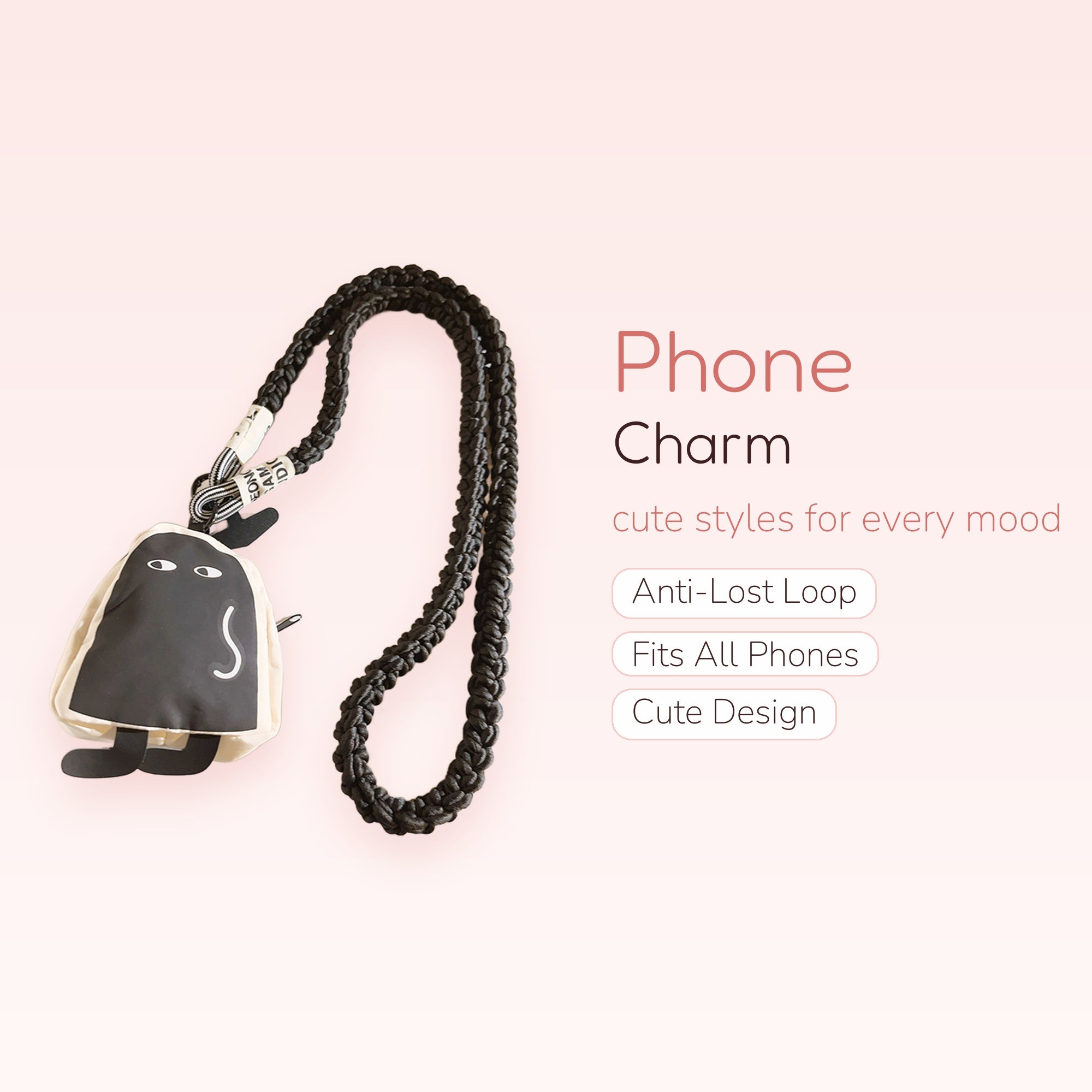 Cute Black & White Ghost Lanyard Phone Charm | Aesthetic Braided Neck Strap
