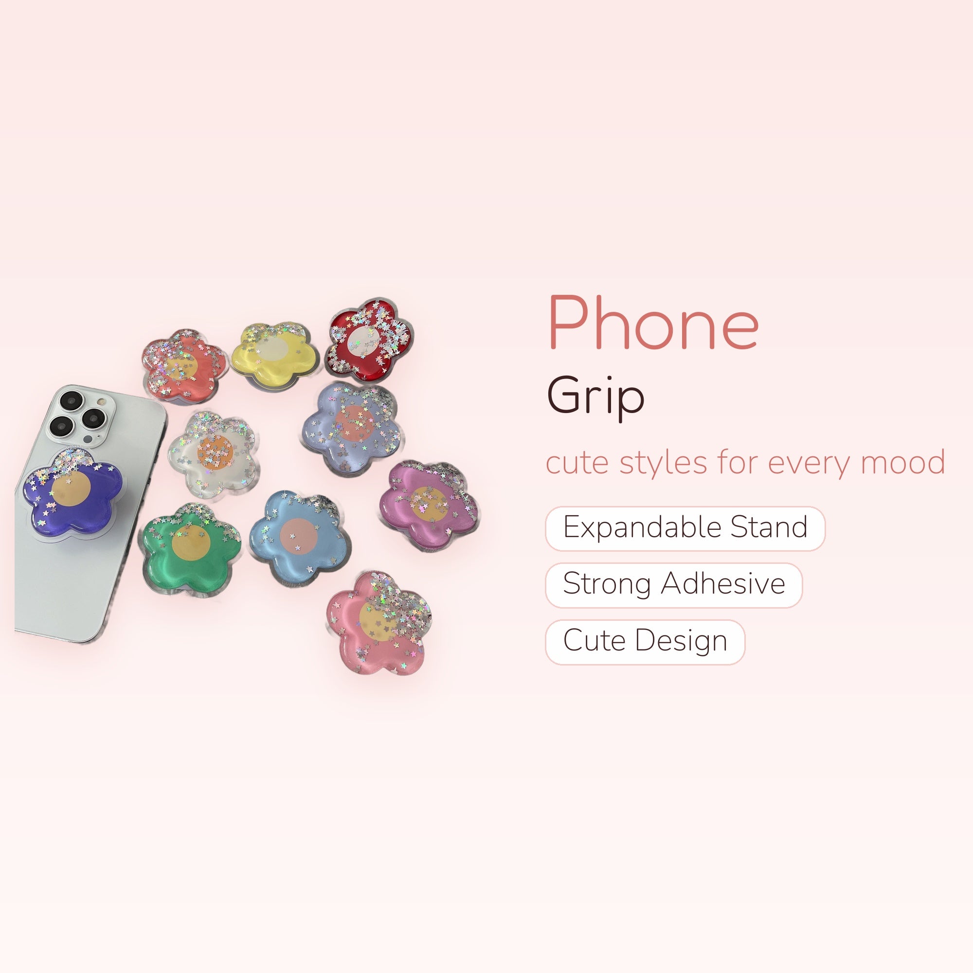 Cartoon Glitter Flowers Liquid Quicksand Phone Grip | SIMPLYBUBBI Phone Grip