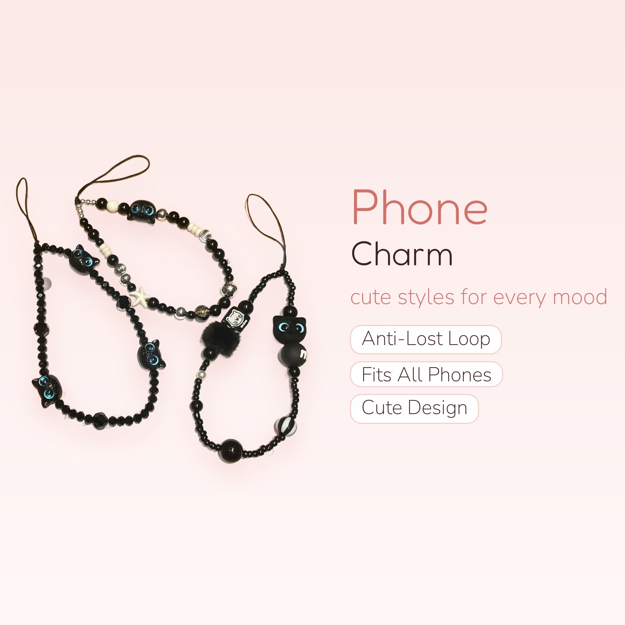 Kawaii Black Cat Beaded Phone Charm Strap | Cute Y2K Wrist Lanyard