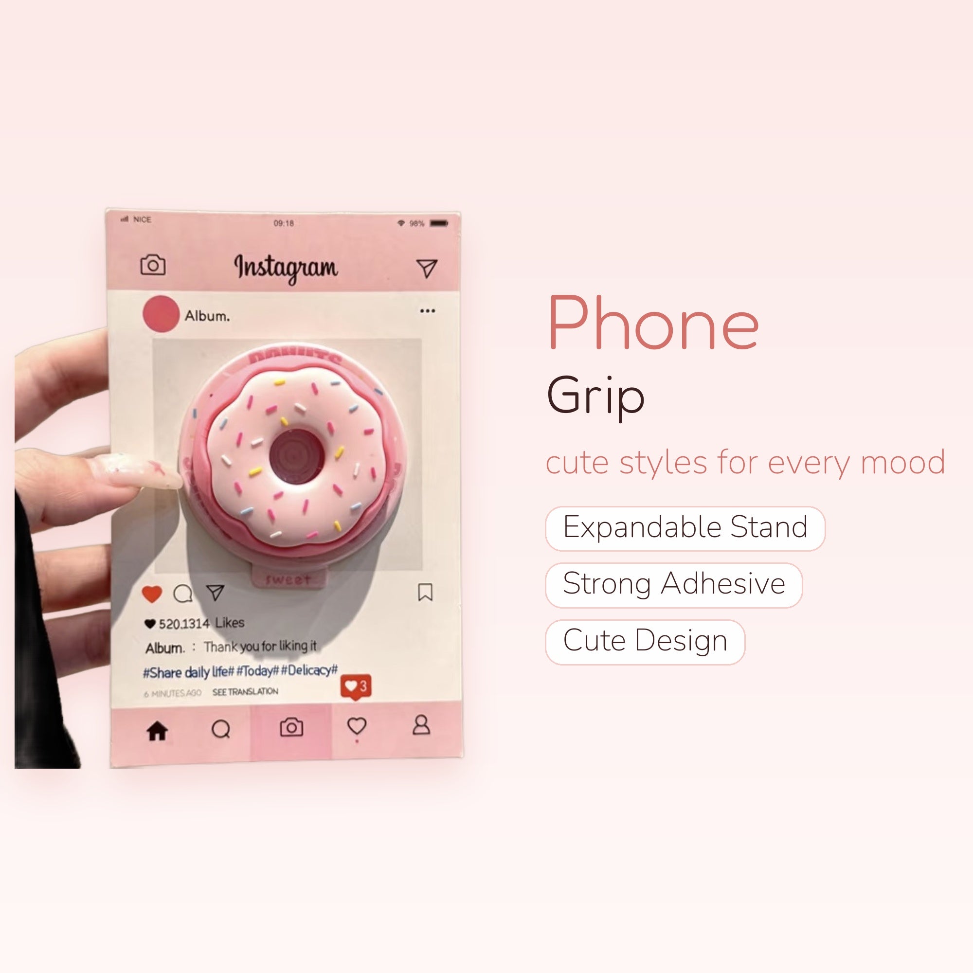 Pink Donut Instagram Phone Grip | Kawaii Pop Socket Stand for Girls