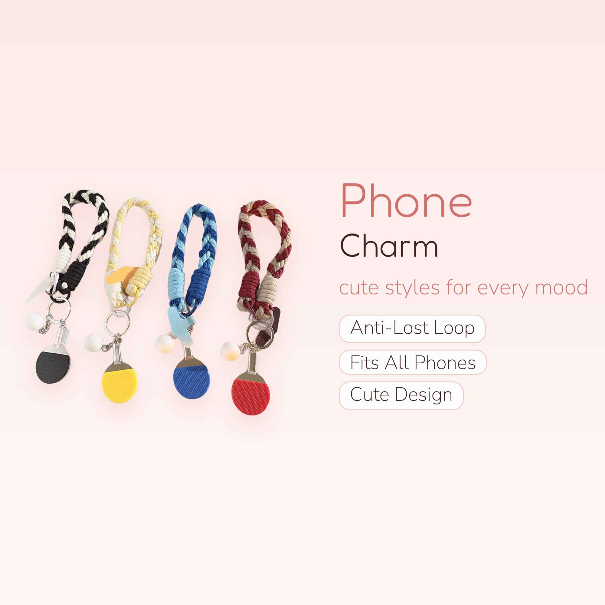 Kawaii Braided Wrist Strap Phone Charm with Mini Ping Pong Paddle & Ball | Sporty Aesthetic Lanyard
