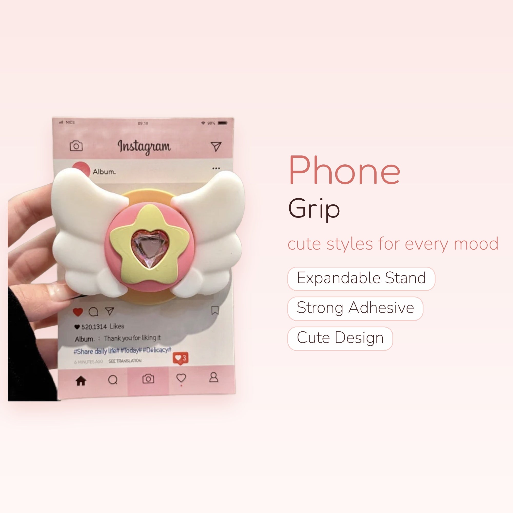 Kawaii Angel Wing Star Phone Grip | Pink Heart Gem Pop Socket Stand