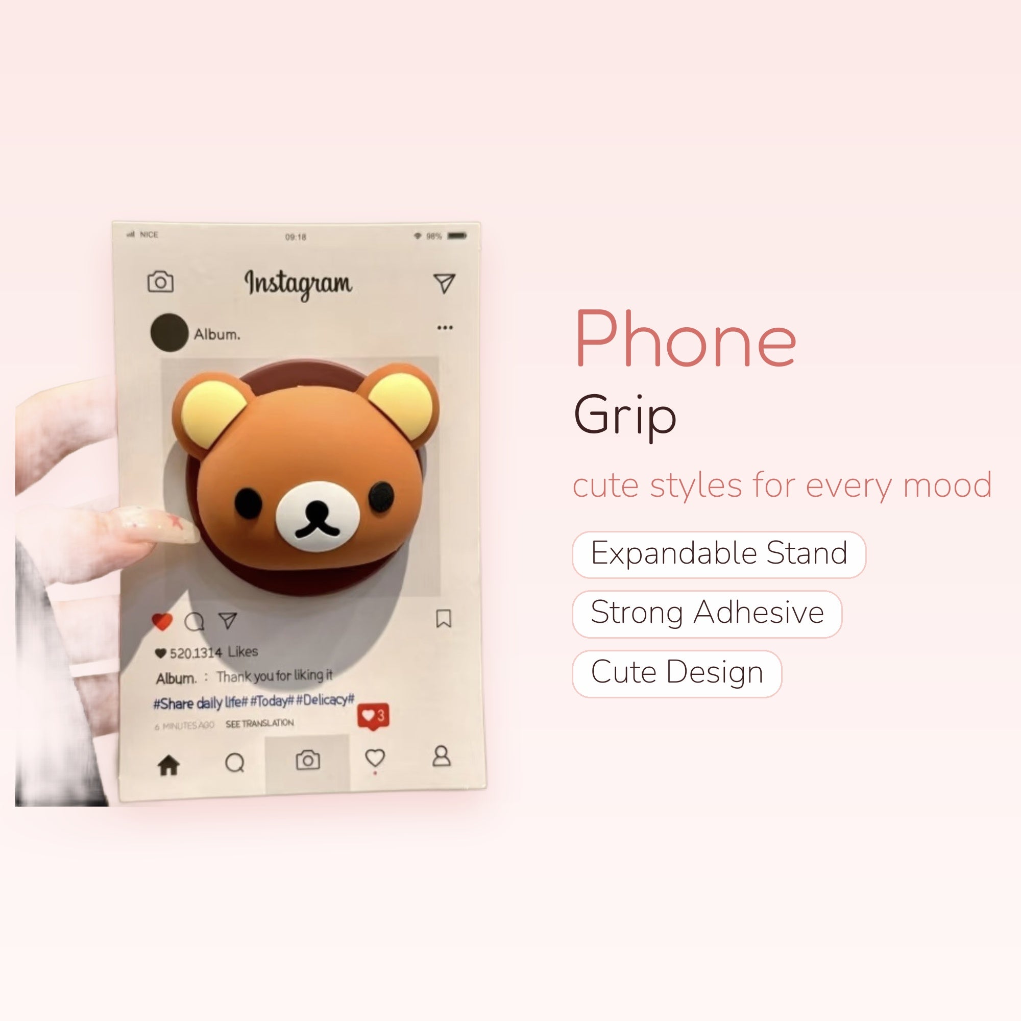 Cute Brown Bear Head Phone Grip | Kawaii Rilakkuma-style Pop Socket Stand