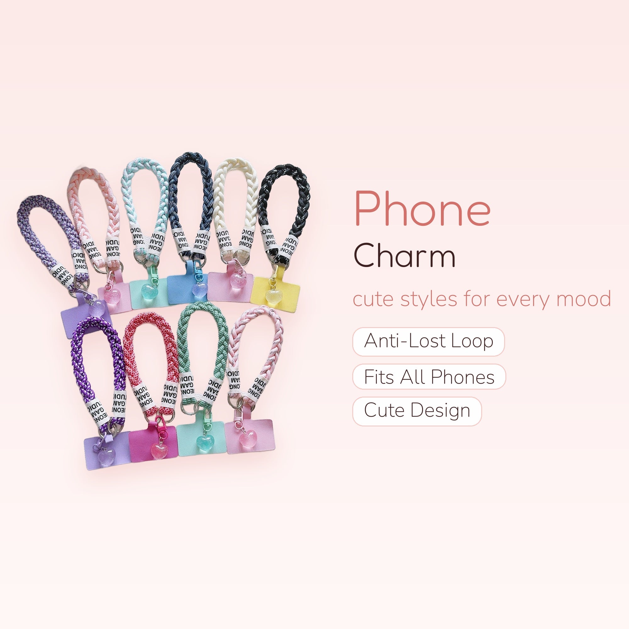 Braided Rope Phone Charm Strap with Heart Pendant | Pastel Wrist Lanyard