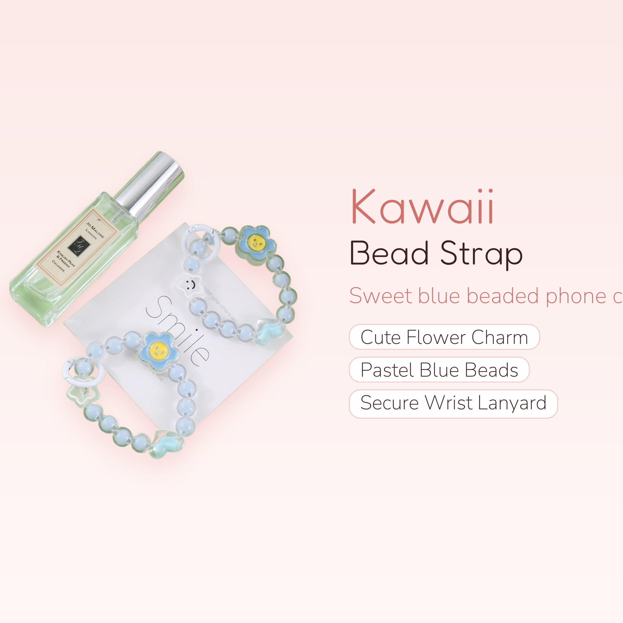 Cute Blue Beaded Phone Charm Strap | Kawaii Flower Wrist Lanyard