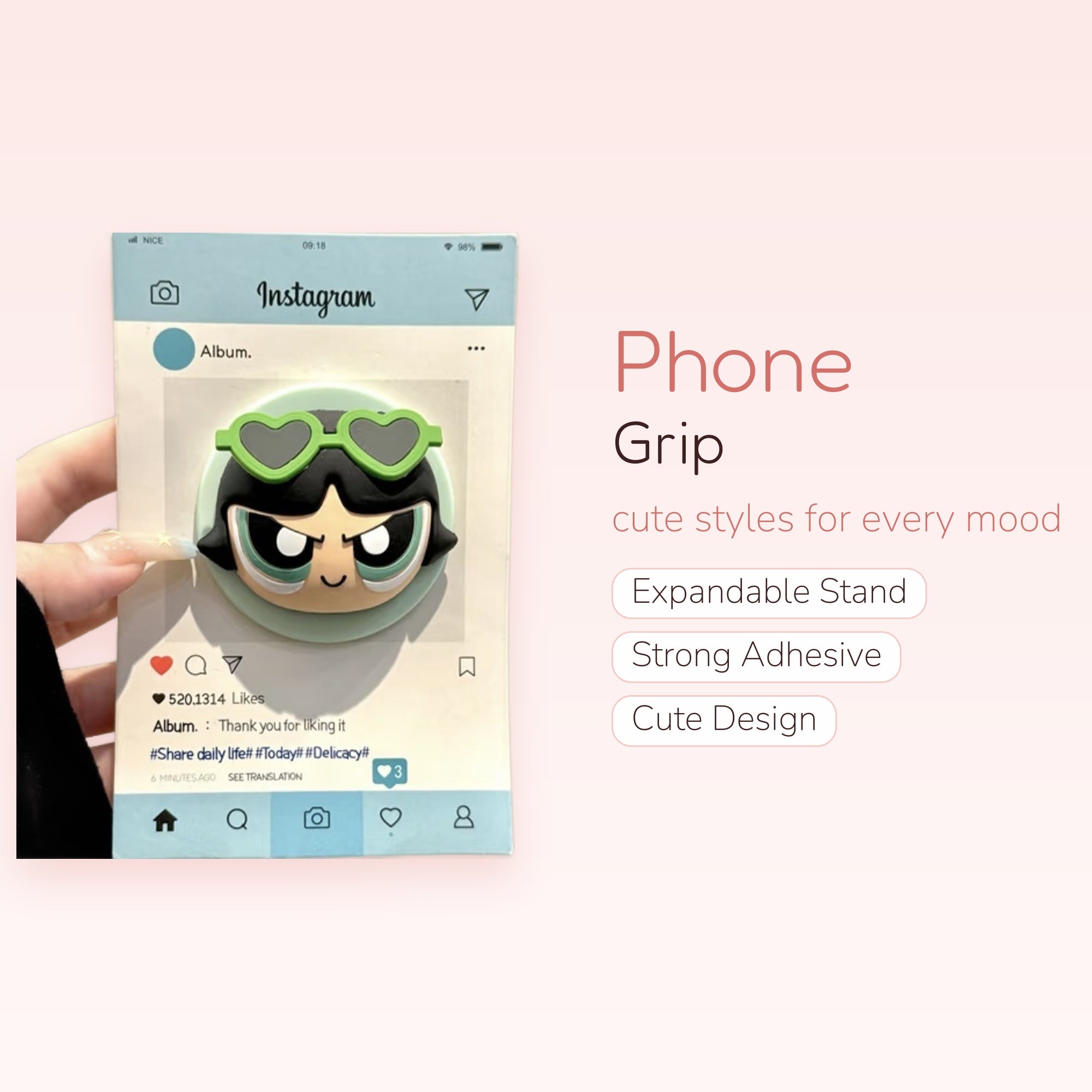 Kawaii Buttercup Powerpuff Girls Phone Grip | Cute Heart Sunglasses Pop Socket Stand