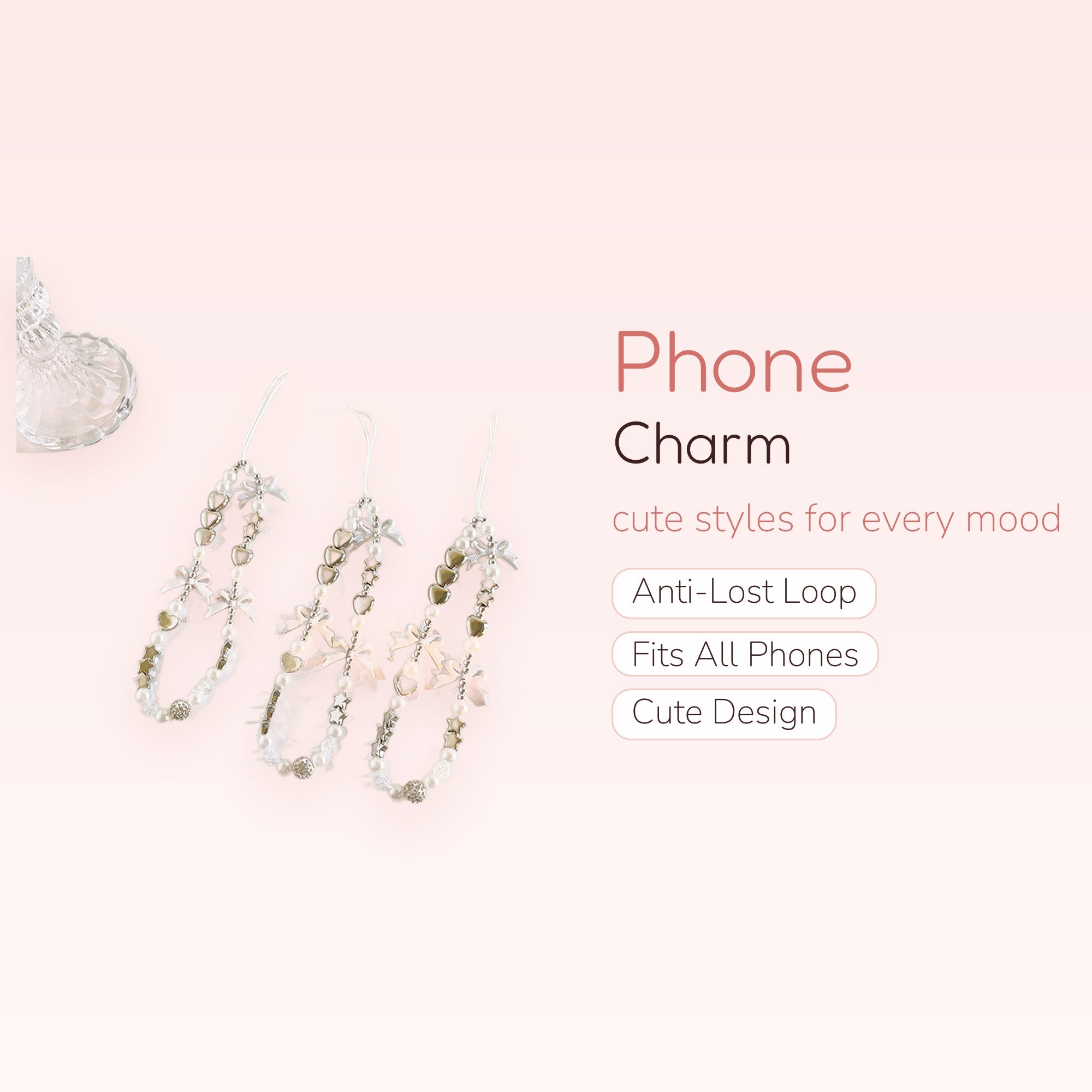 Kawaii Pearl & Silver Heart Phone Charm | Aesthetic Beaded Wrist Strap