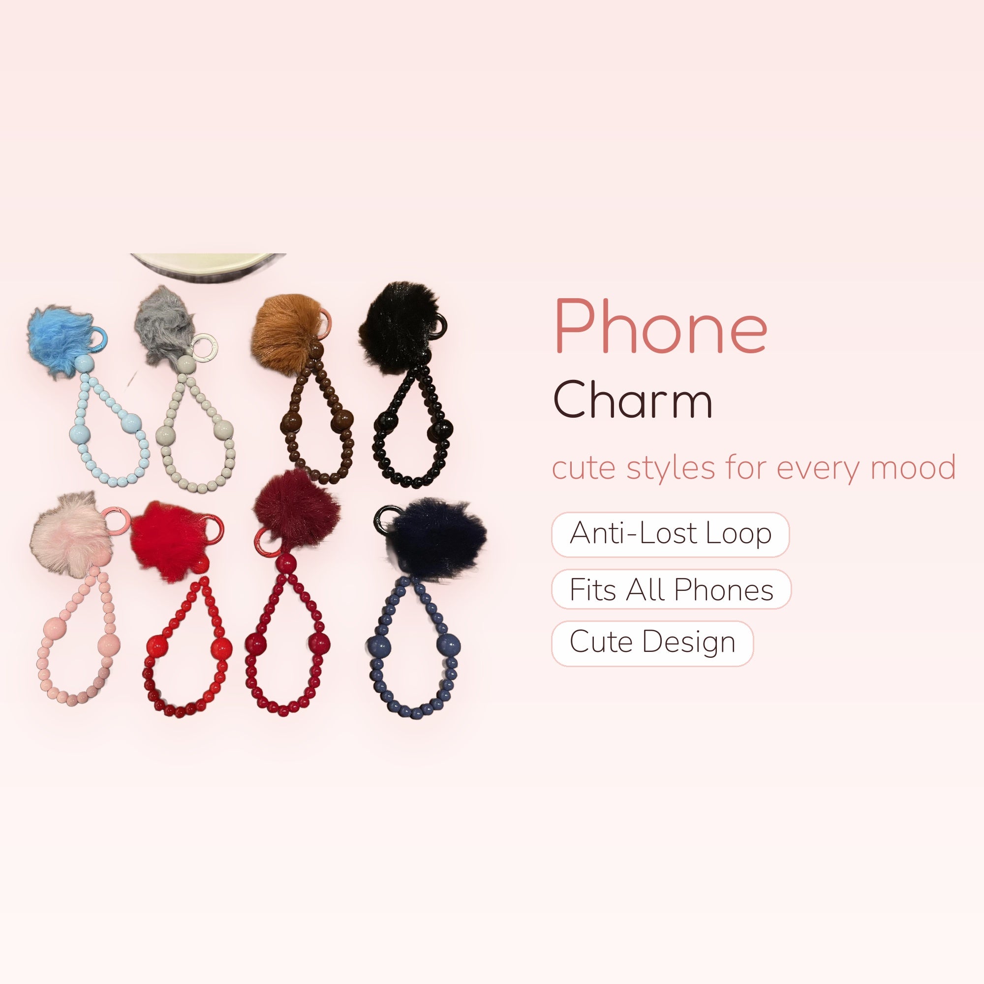 Kawaii Fluffy Pom Pom Beaded Phone Charm | Pastel & Vibrant Wrist Lanyard