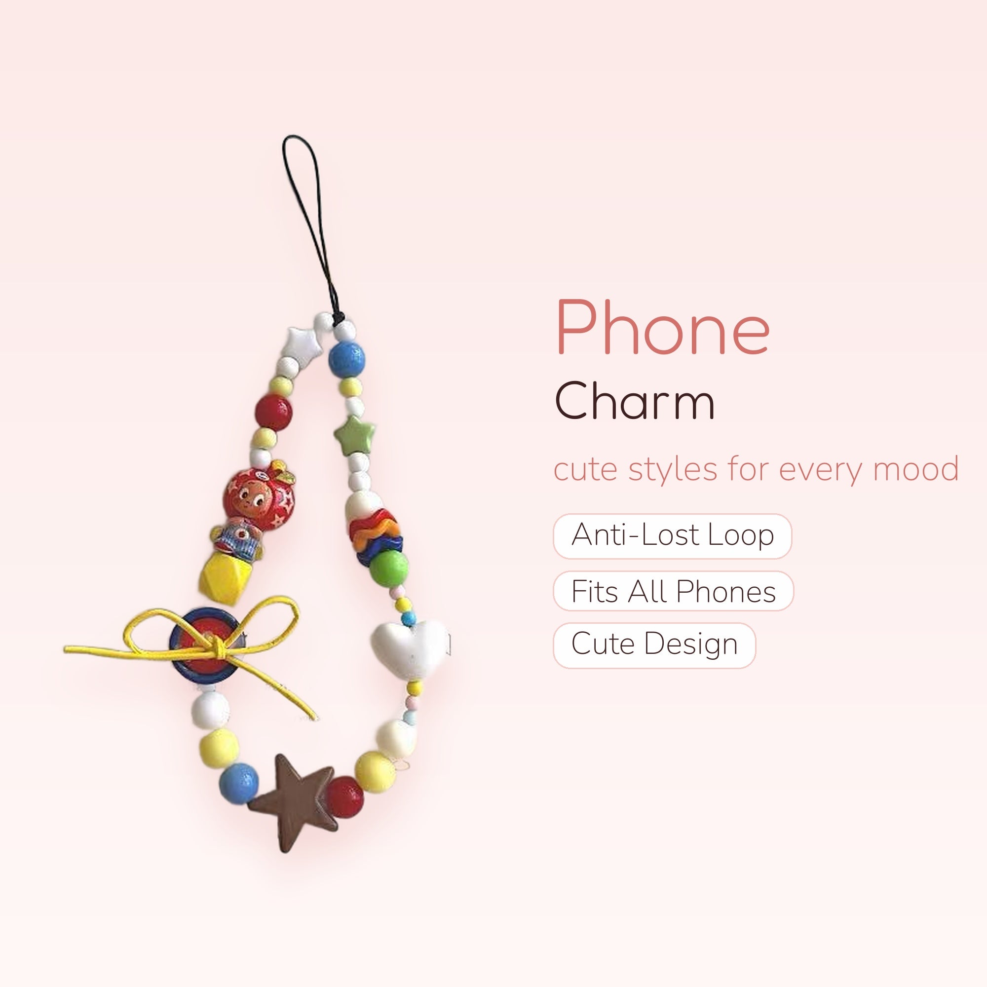 Colorful Beaded Phone Charm Strap | Kawaii Y2K Star & Heart Wrist Lanyard