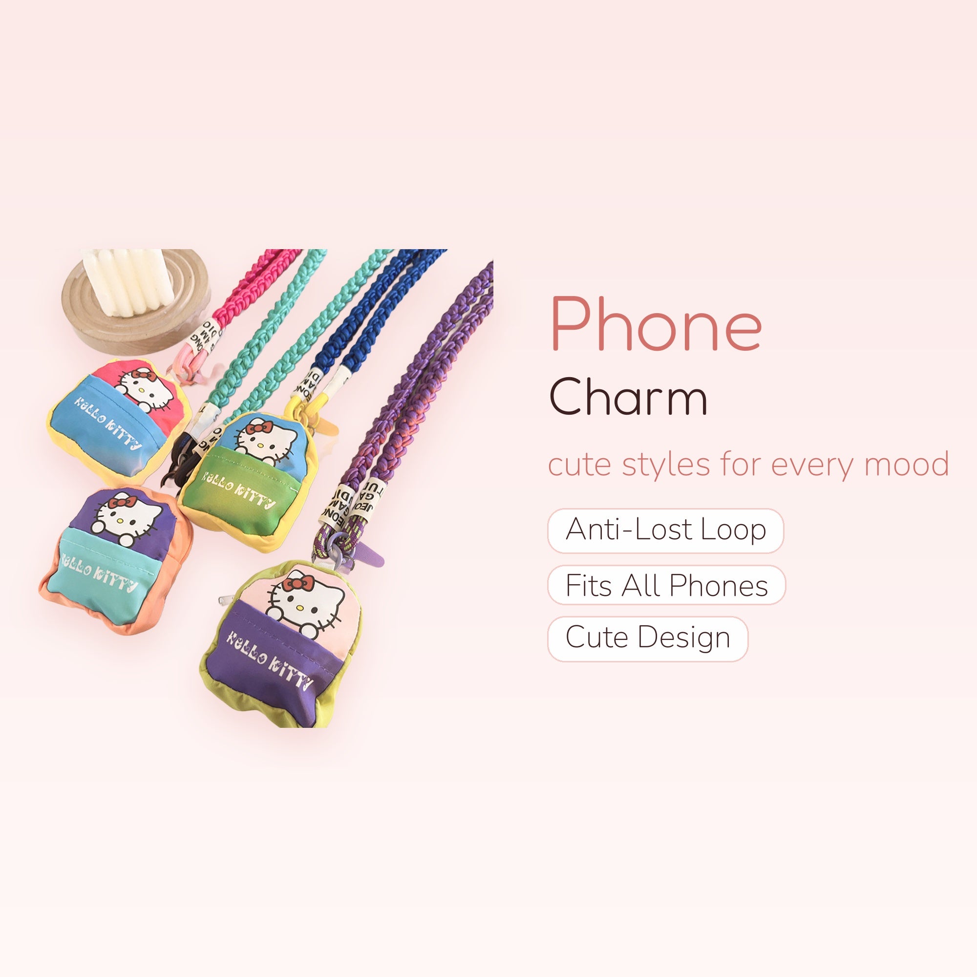 Kawaii Hello Kitty Mini Backpack Phone Charm | Colorful Braided Wrist Lanyard
