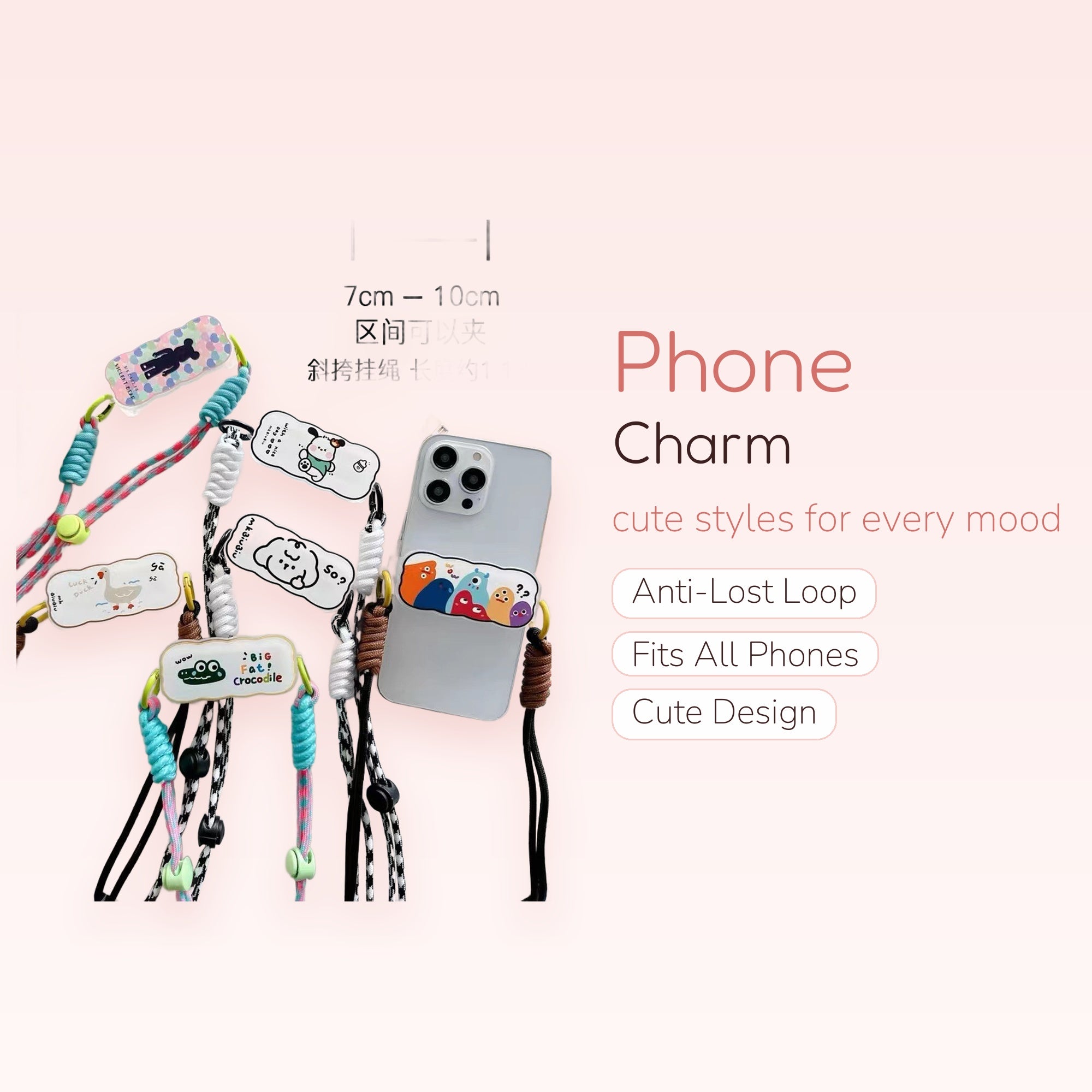 Kawaii Cartoon Character Phone Charm Lanyard | Adjustable Crossbody Phone Strap with Charms